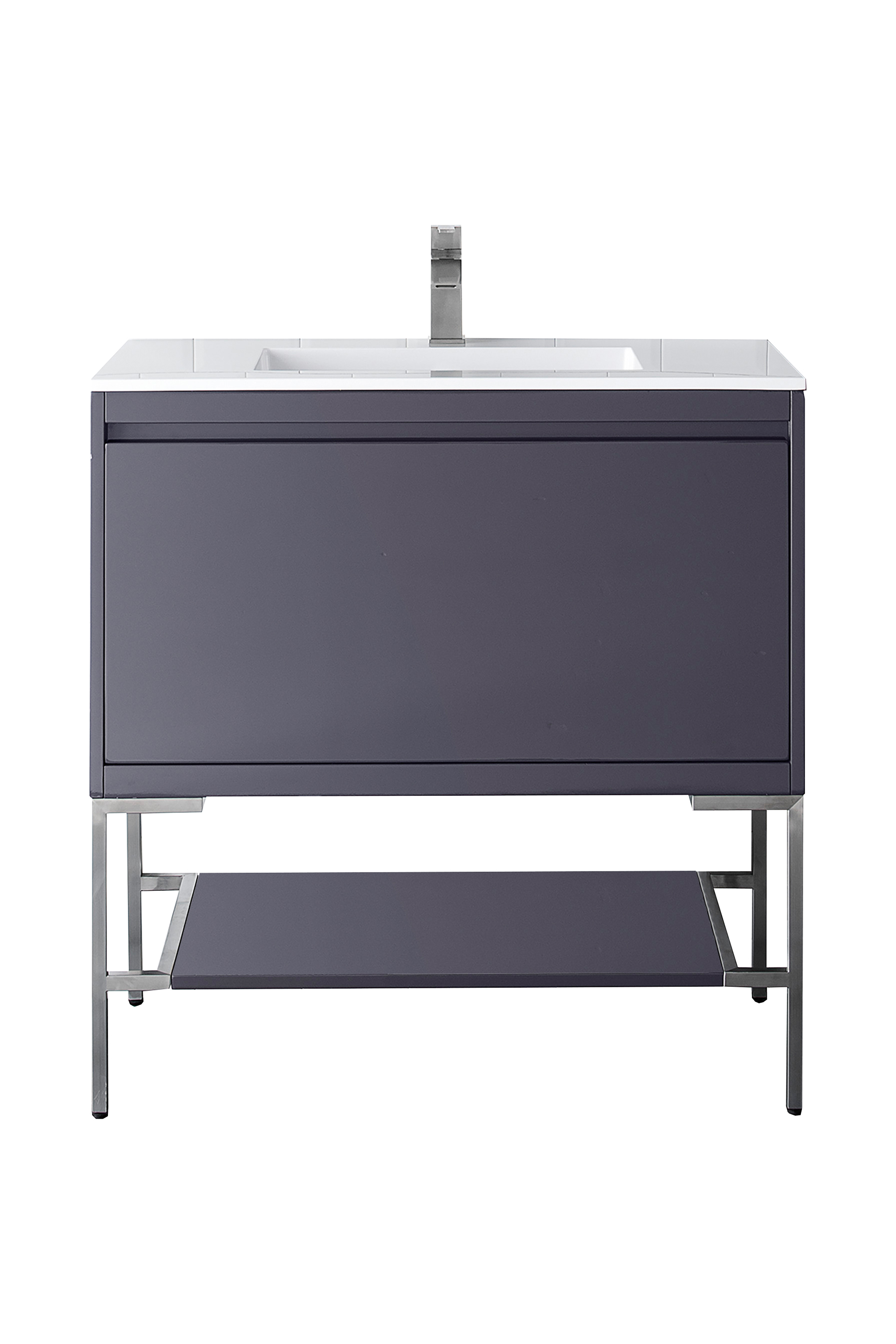 James Martin 801V35.4MGGBNKGW Milan 35.4" Single Vanity Cabinet, Modern Grey Glossy, Brushed Nickel w/Glossy White Composite Top