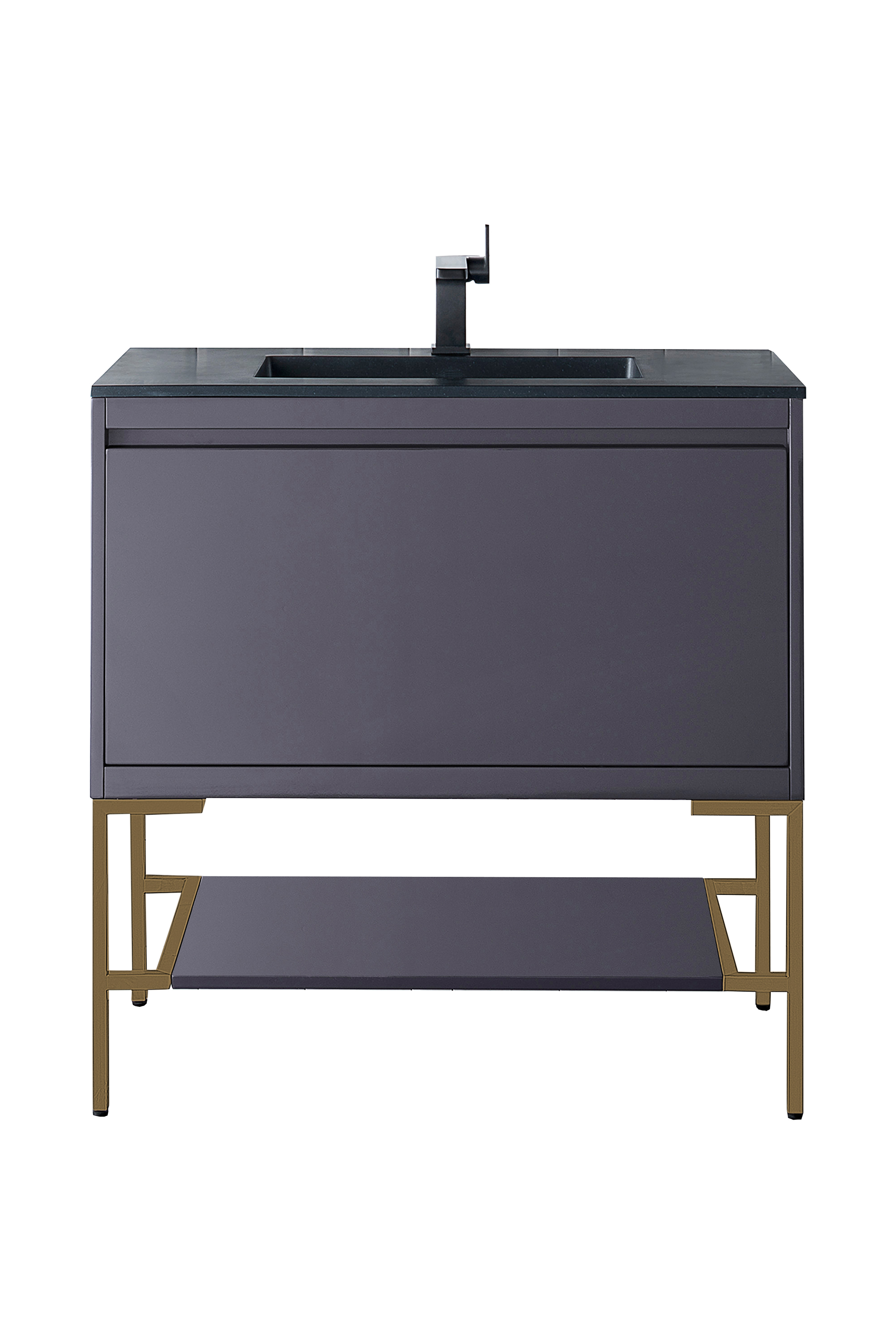 James Martin 801V35.4MGGRGDCHB Milan 35.4" Single Vanity Cabinet, Modern Grey Glossy, Radiant Gold w/Charcoal Black Composite Top