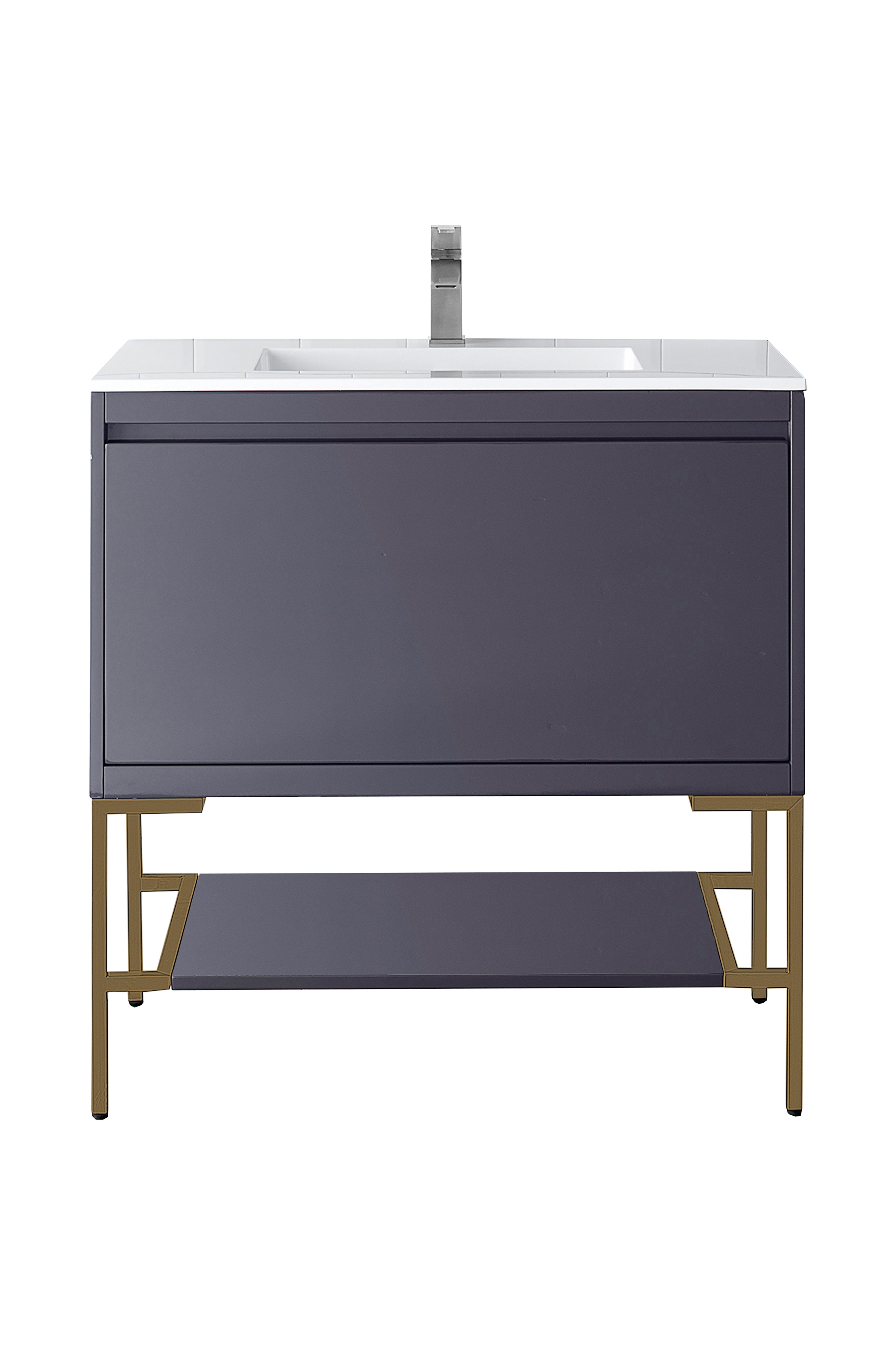 James Martin 801V35.4MGGRGDGW Milan 35.4" Single Vanity Cabinet, Modern Grey Glossy, Radiant Gold w/Glossy White Composite Top