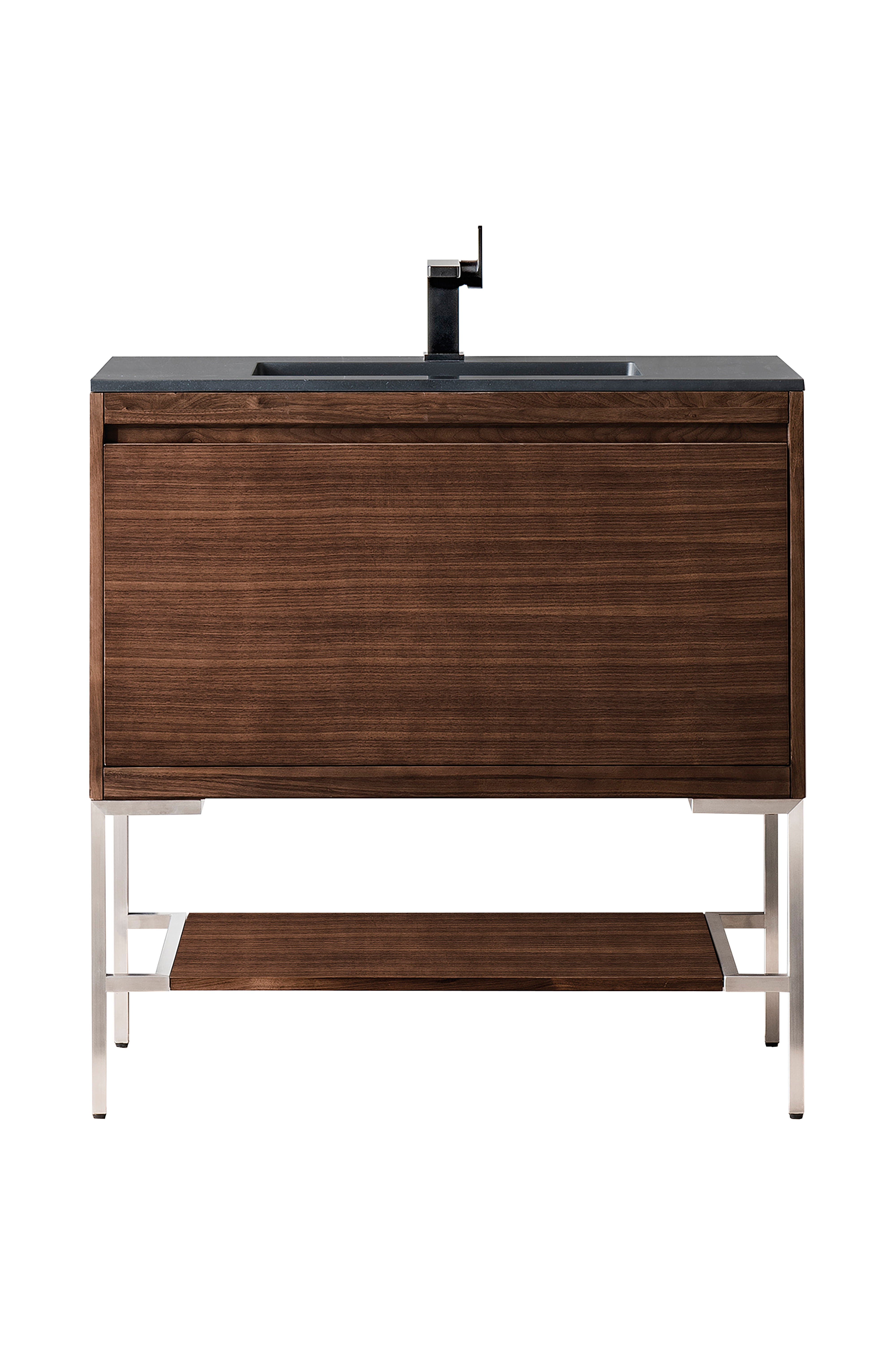 James Martin 801V35.4WLTBNKCHB Milan 35.4" Single Vanity Cabinet, Mid Century Walnut, Brushed Nickel w/Charcoal Black Composite Top
