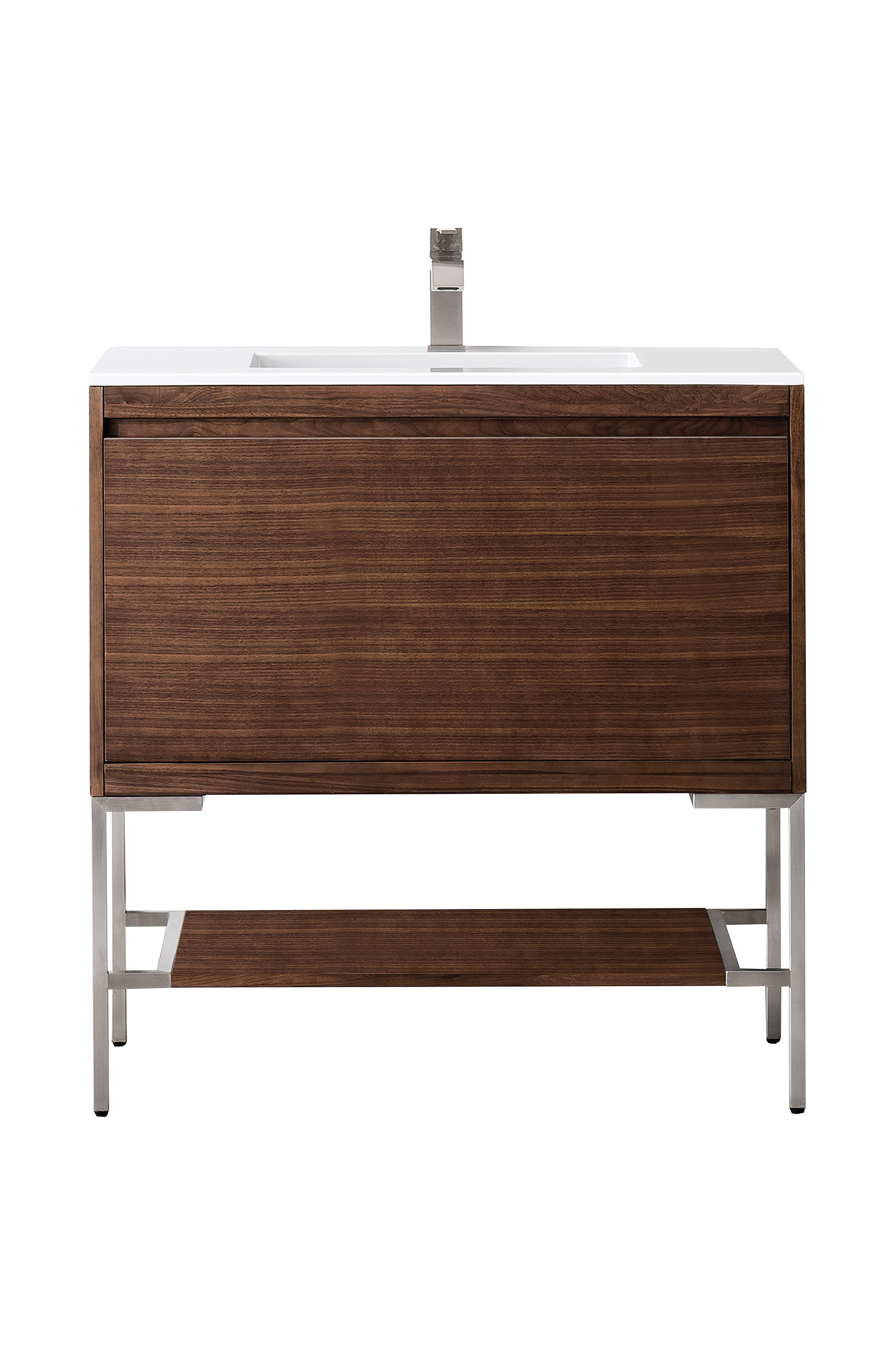 James Martin 801V35.4WLTBNKGW Milan 35.4" Single Vanity Cabinet, Mid Century Walnut, Brushed Nickel w/Glossy White Composite Top