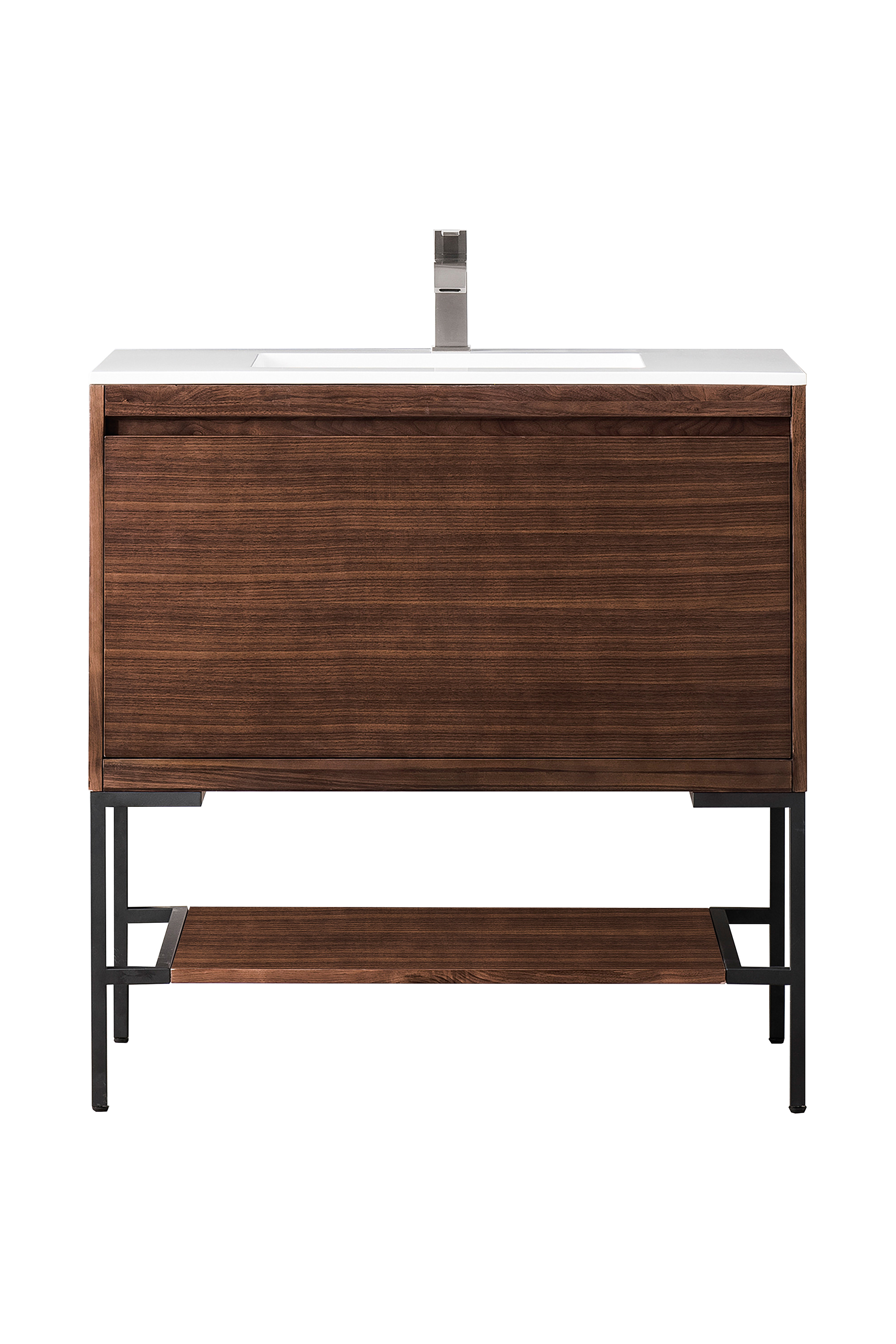 James Martin 801V35.4WLTMBKGW Milan 35.4" Single Vanity Cabinet, Mid Century Walnut, Matte Black w/Glossy White Composite Top