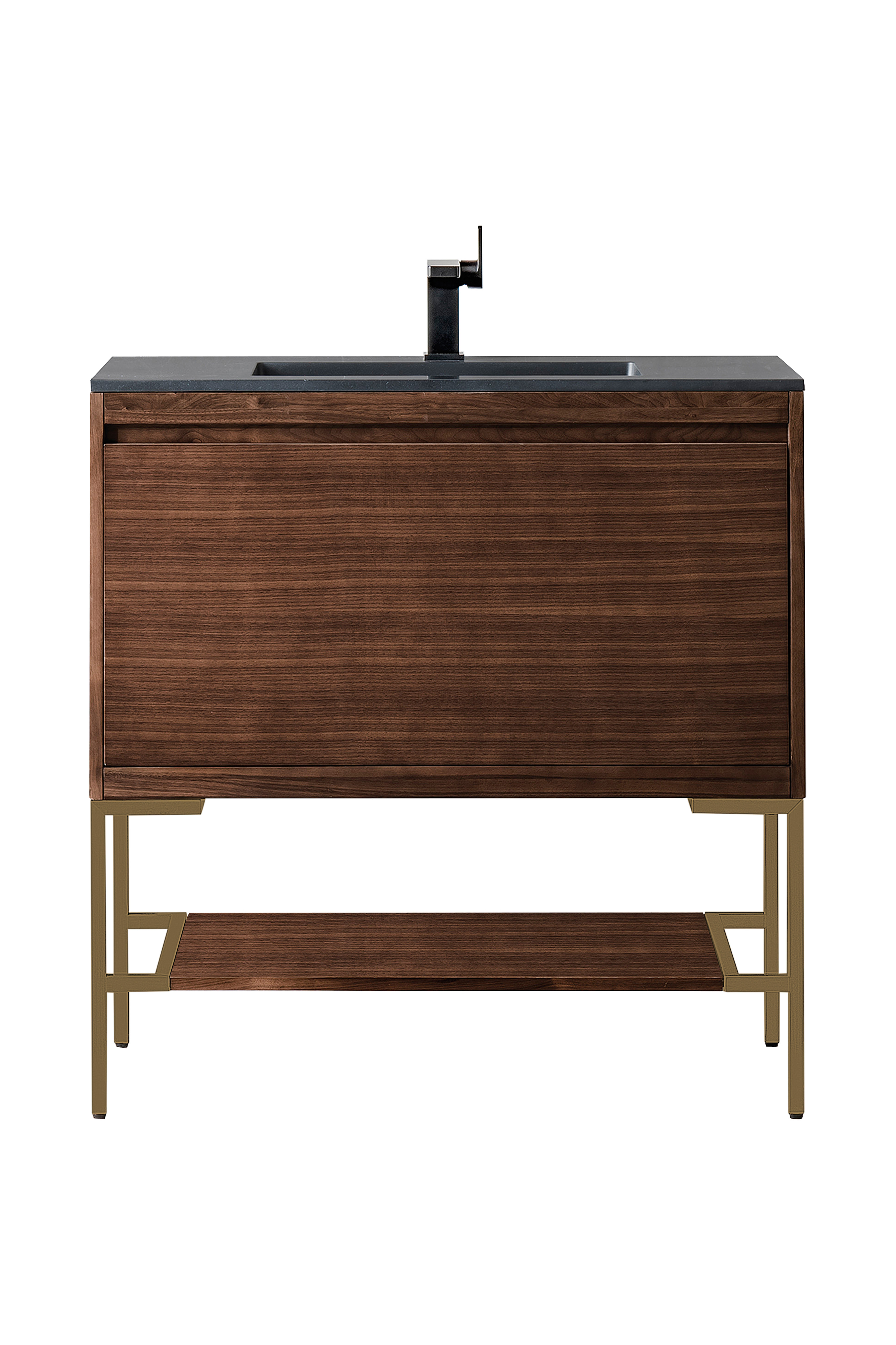 James Martin 801V35.4WLTRGDCHB Milan 35.4" Single Vanity Cabinet, Mid Century Walnut, Radiant Gold w/Charcoal Black Composite Top
