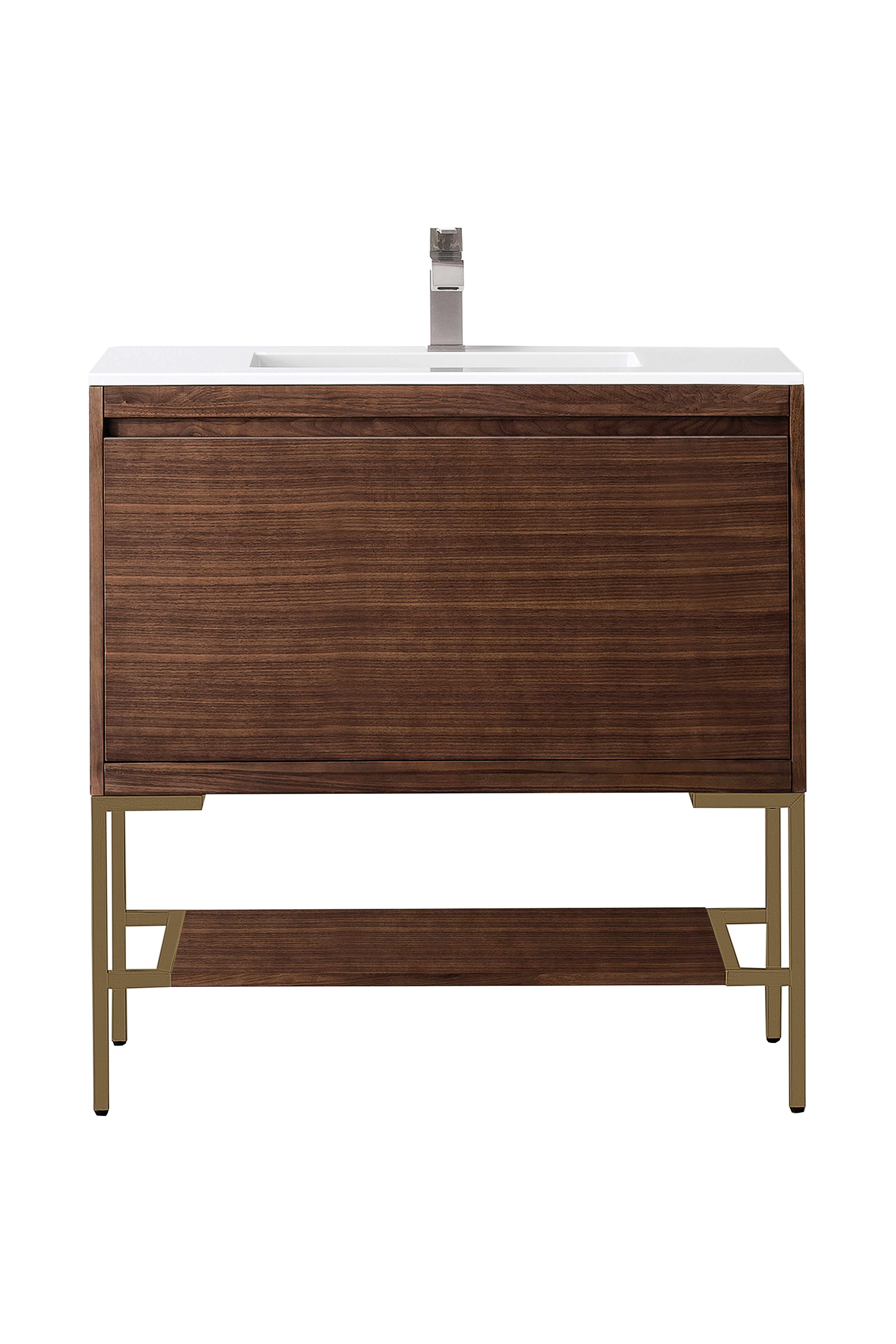 James Martin 801V35.4WLTRGDGW Milan 35.4" Single Vanity Cabinet, Mid Century Walnut, Radiant Gold w/Glossy White Composite Top