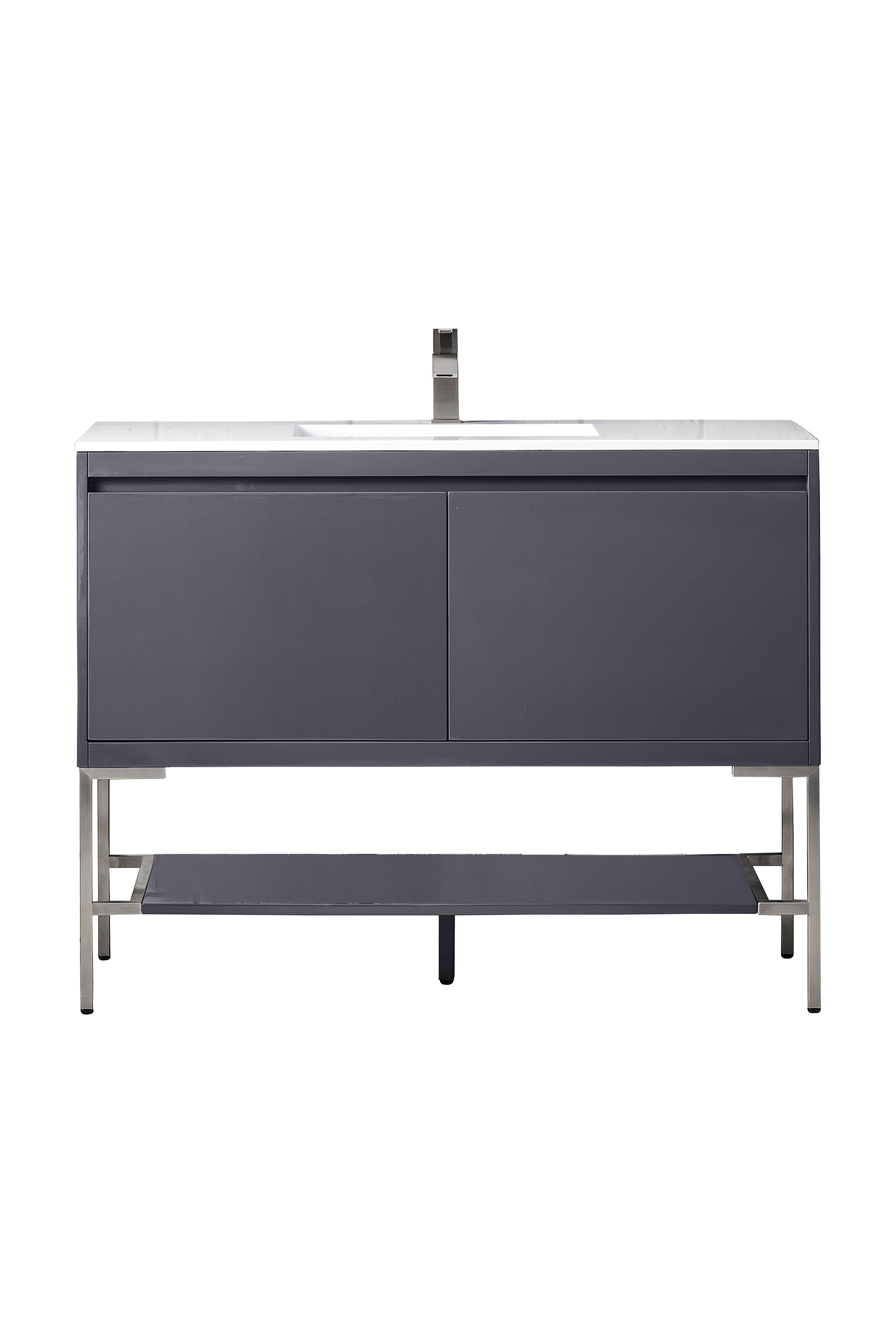James Martin 801V47.3MGGBNKGW Milan 47.3" Single Vanity Cabinet, Modern Grey Glossy, Brushed Nickel w/Glossy White Composite Top