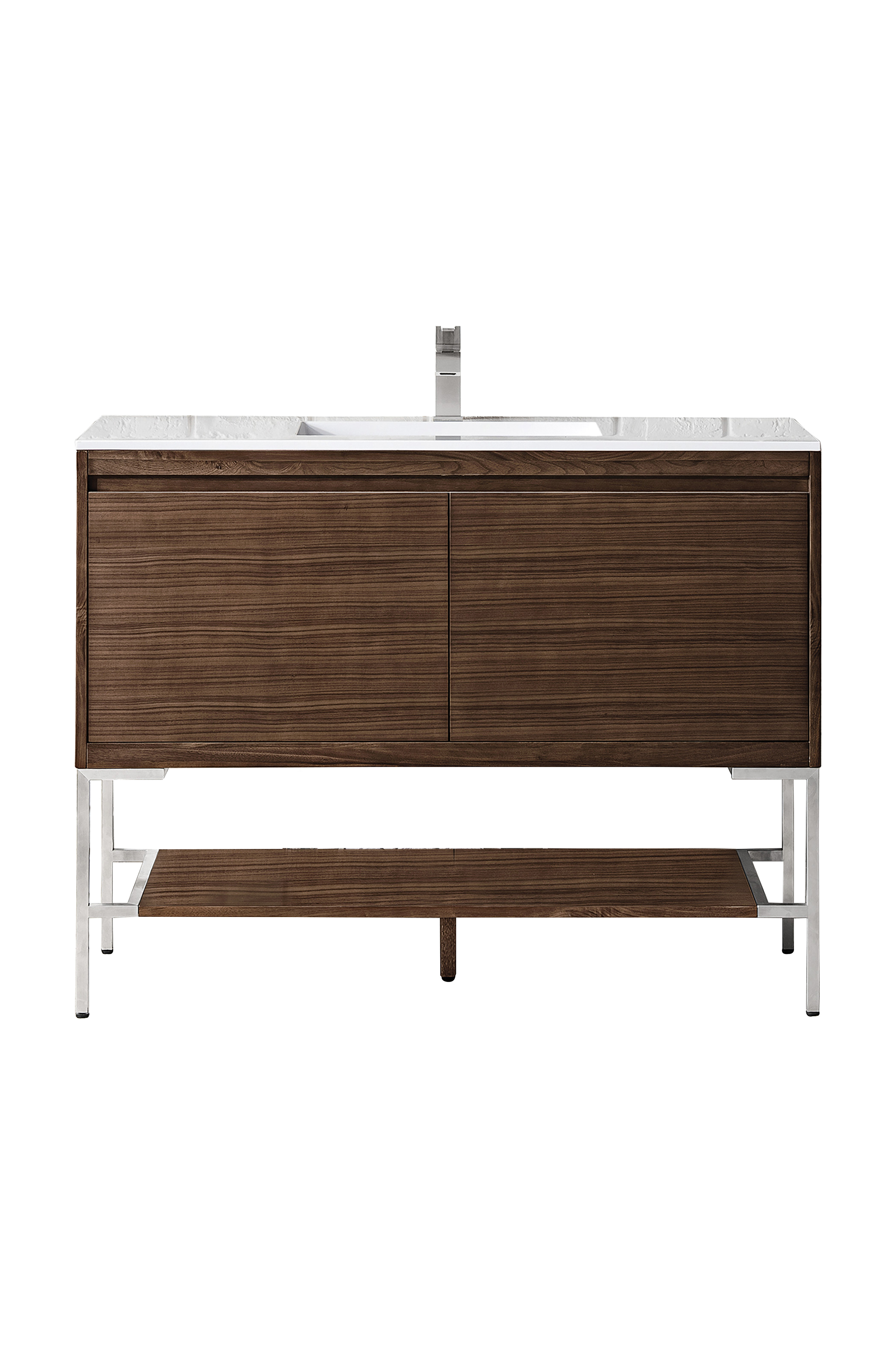 James Martin 801V47.3WLTBNKGW Milan 47.3" Single Vanity Cabinet, Mid Century Walnut, Brushed Nickel w/Glossy White Composite Top