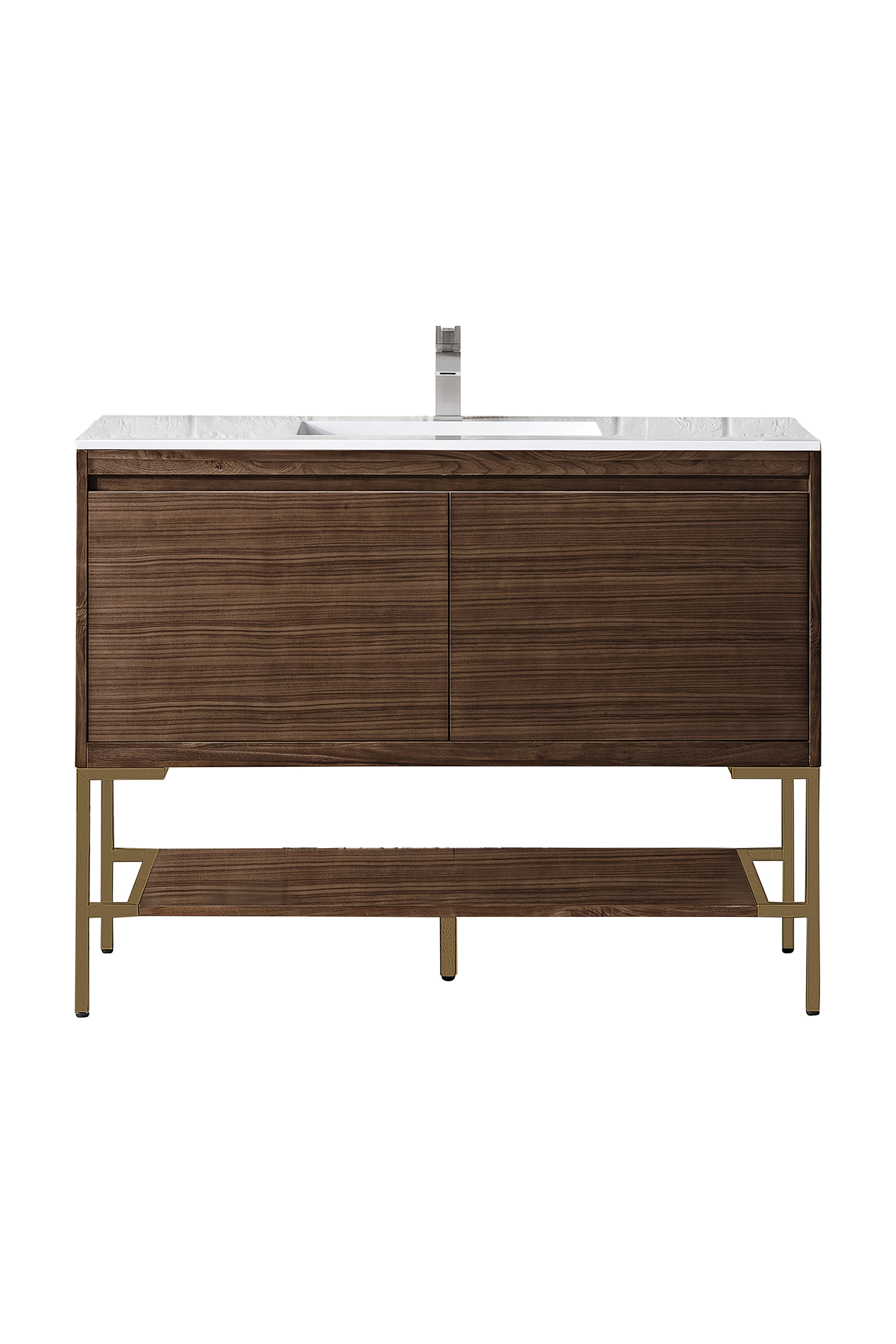 James Martin 801V47.3WLTRGDGW Milan 47.3" Single Vanity Cabinet, Mid Century Walnut, Radiant Gold w/Glossy White Composite Top