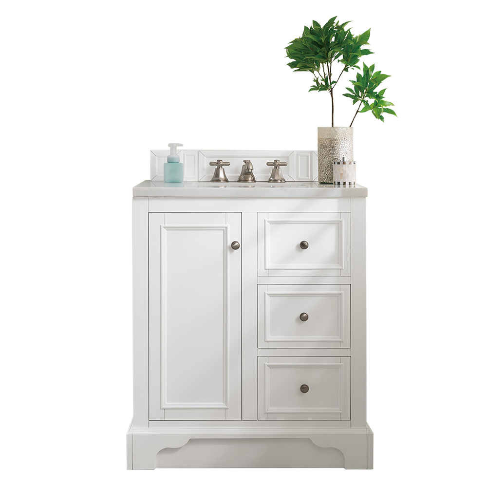 James Martin 825-V30-BW-3AF De Soto 30" Single Vanity, Bright White w/ 3 CM Arctic Fall Solid Surface Top