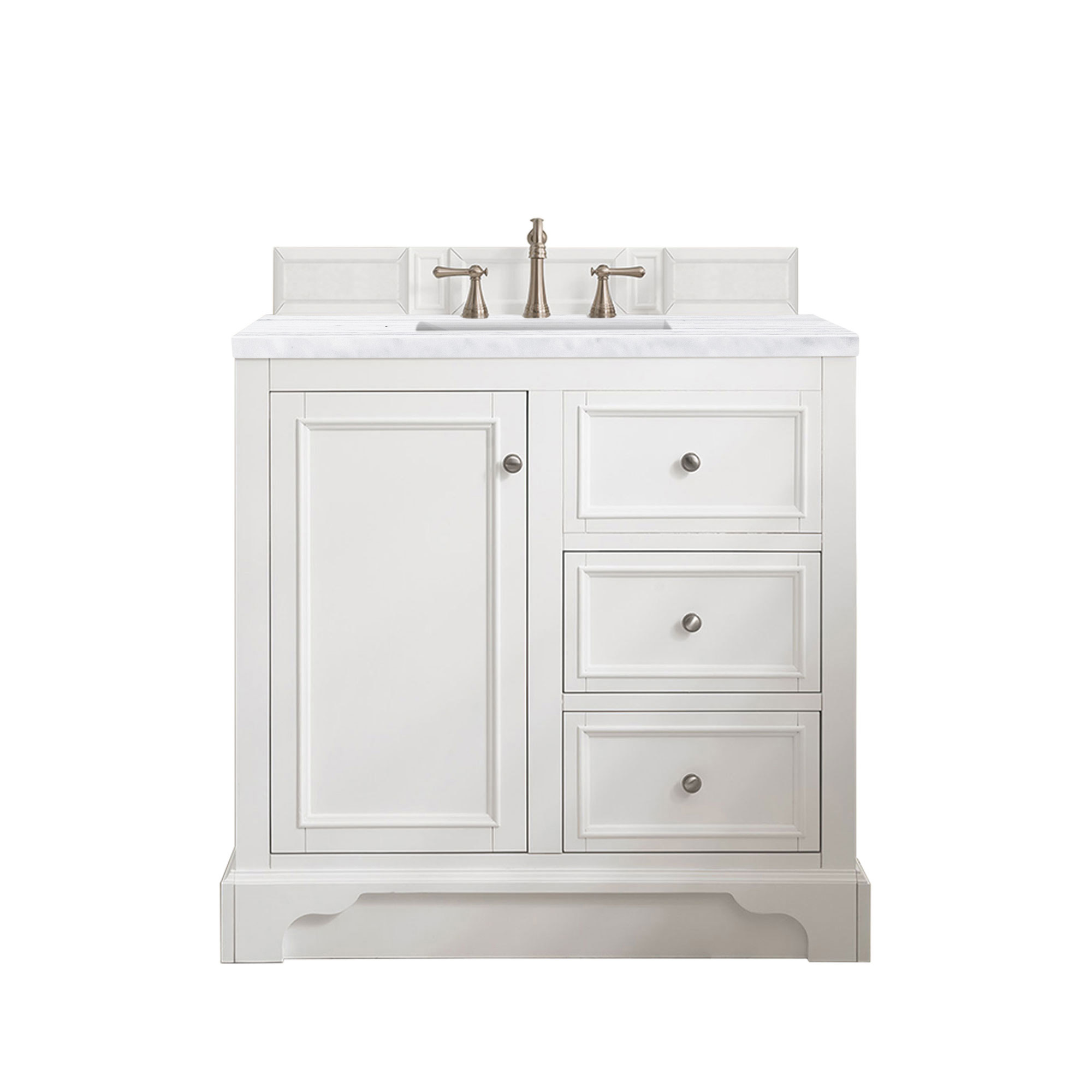 James Martin 825-V36-BW-3AF De Soto 36" Single Vanity, Bright White w/ 3 CM Arctic Fall Solid Surface Top