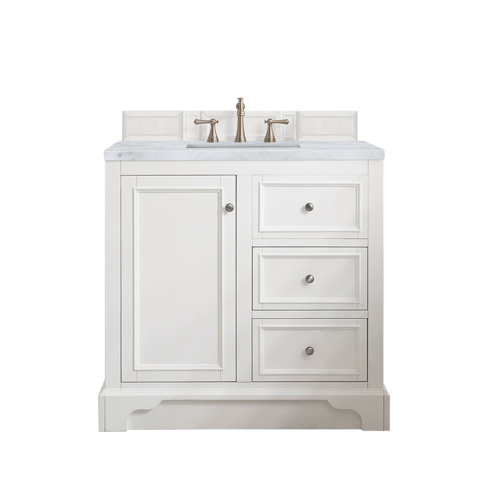 James Martin 825-V36-BW-3CAR De Soto 36" Single Vanity, Bright White w/ 3 CM Carrara Marble Top