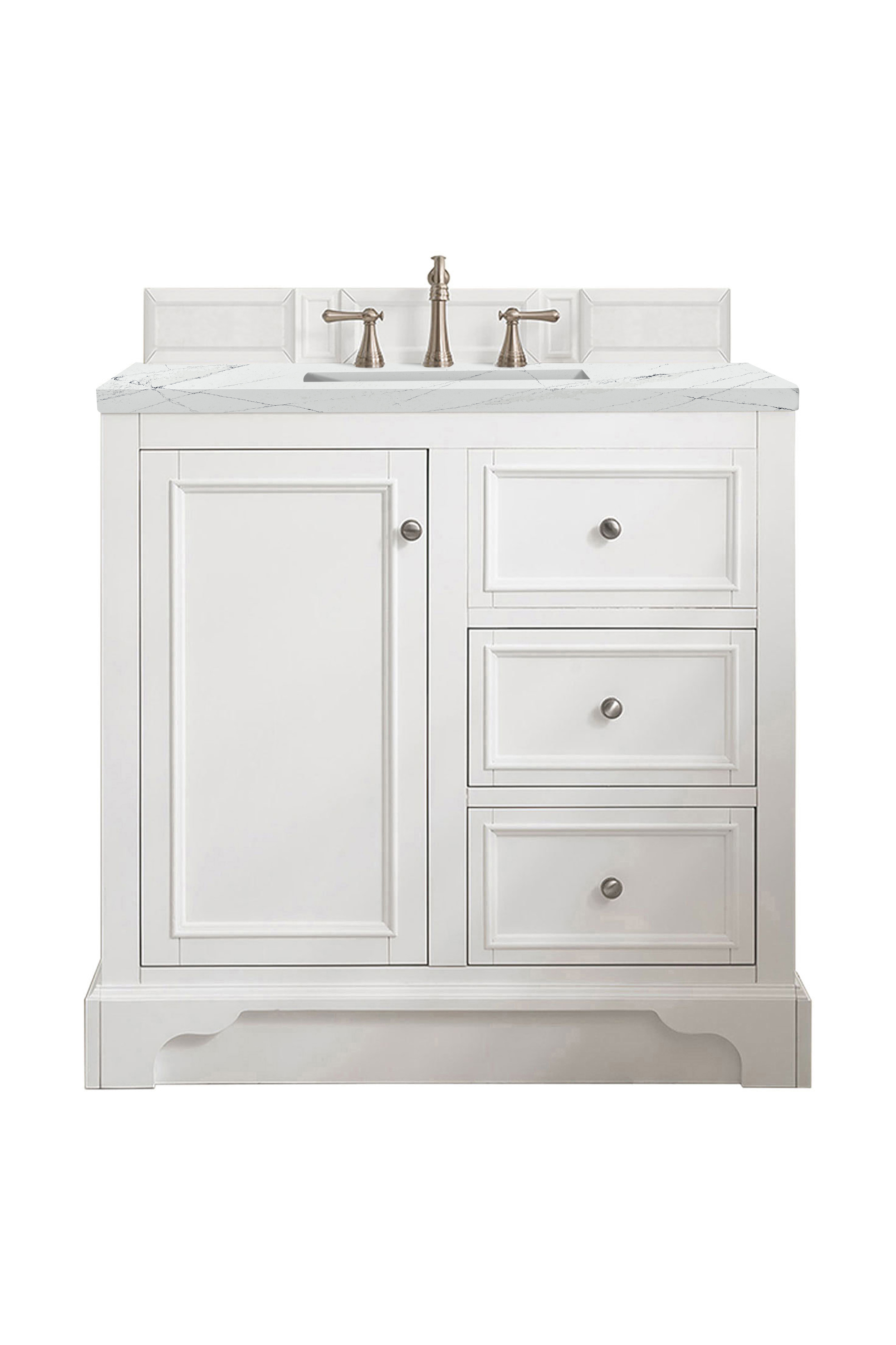 James Martin 825-V36-BW-3ENC De Soto 36" Single Vanity, Bright White, w/ 3 CM Ethereal Noctis Quartz Top