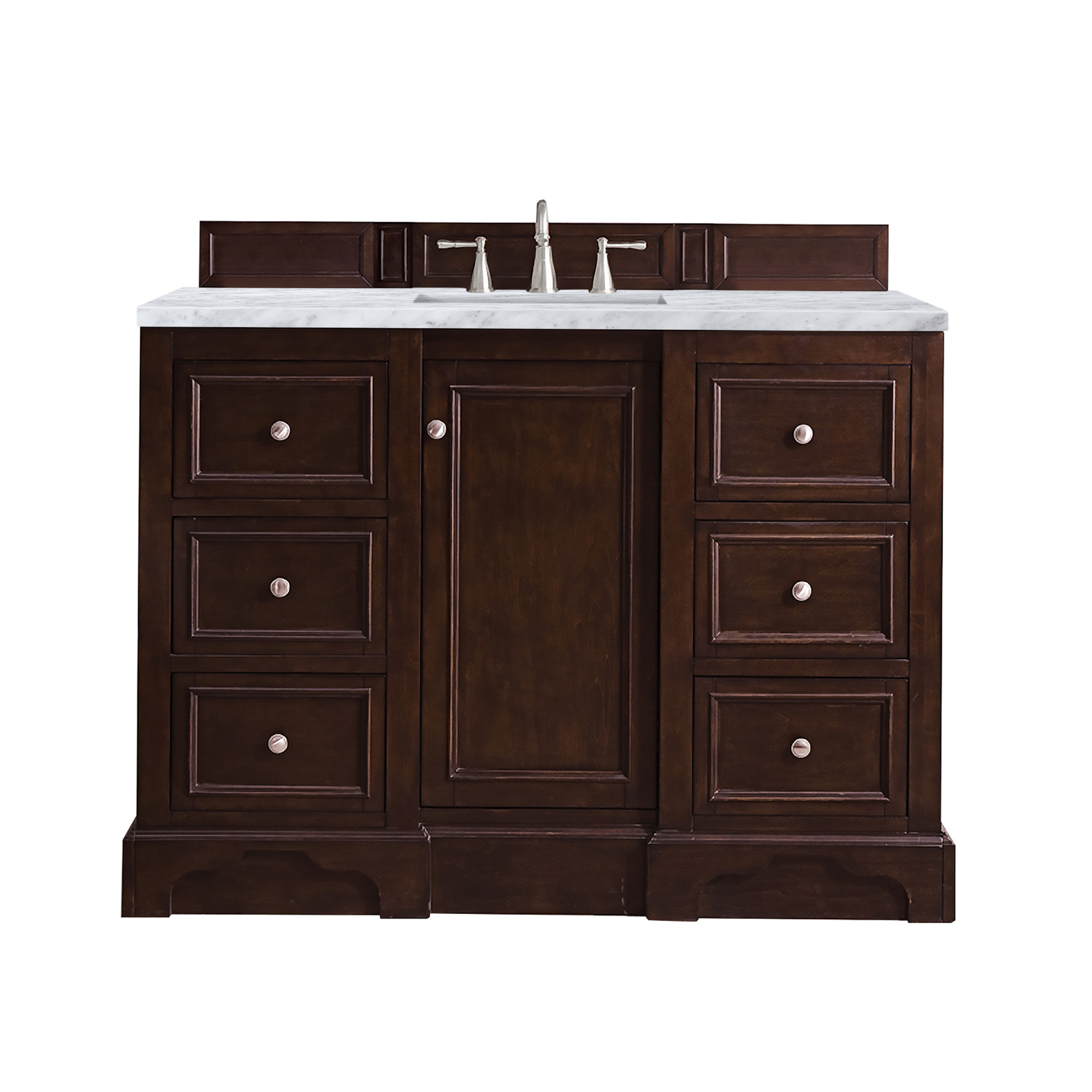 James Martin 825-V48-BNM-3CAR De Soto 48" Single Vanity, Burnished Mahogany w/ 3 CM Carrara Marble Top