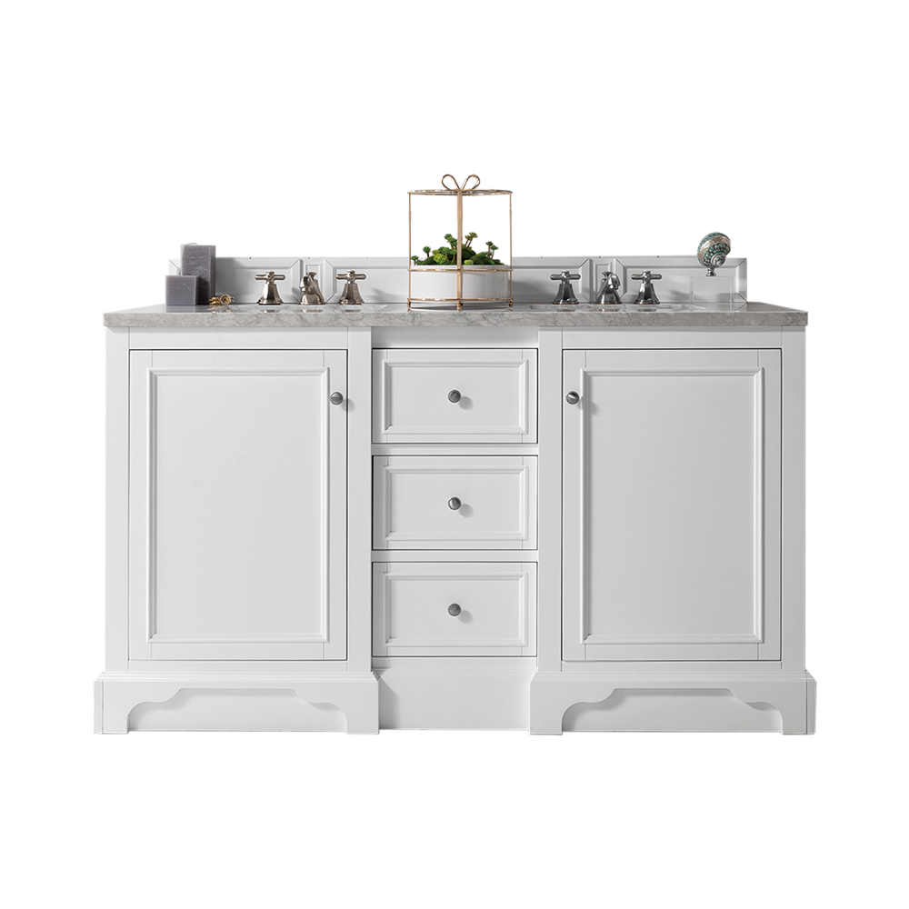 James Martin 825-V60D-BW-3CAR De Soto 60" Double Vanity, Bright White w/ 3 CM Carrara Marble Top