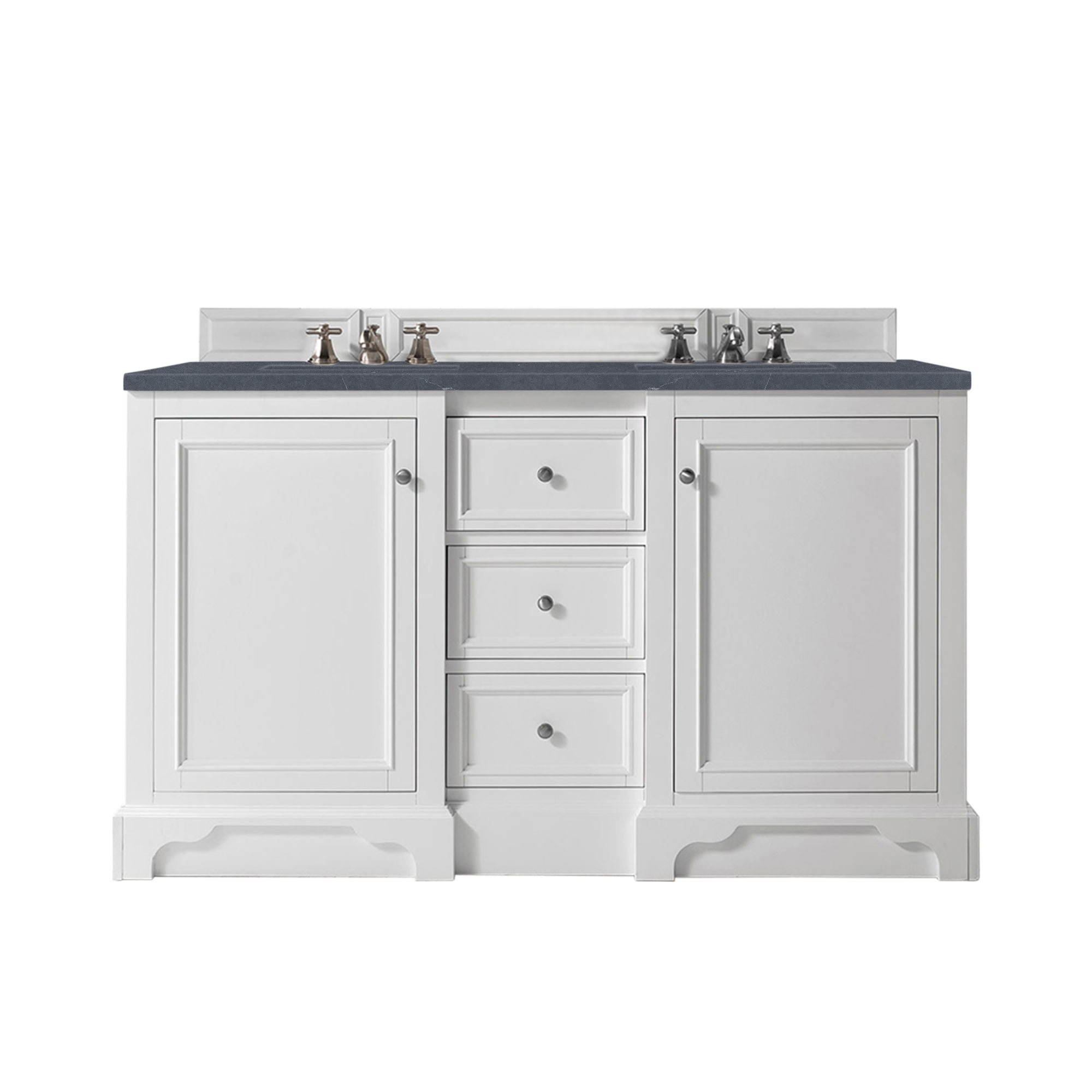 James Martin 825-V60D-BW-3CSP De Soto 60" Double Vanity, Bright White, w/ 3 CM Charcoal Soapstone Quartz Top