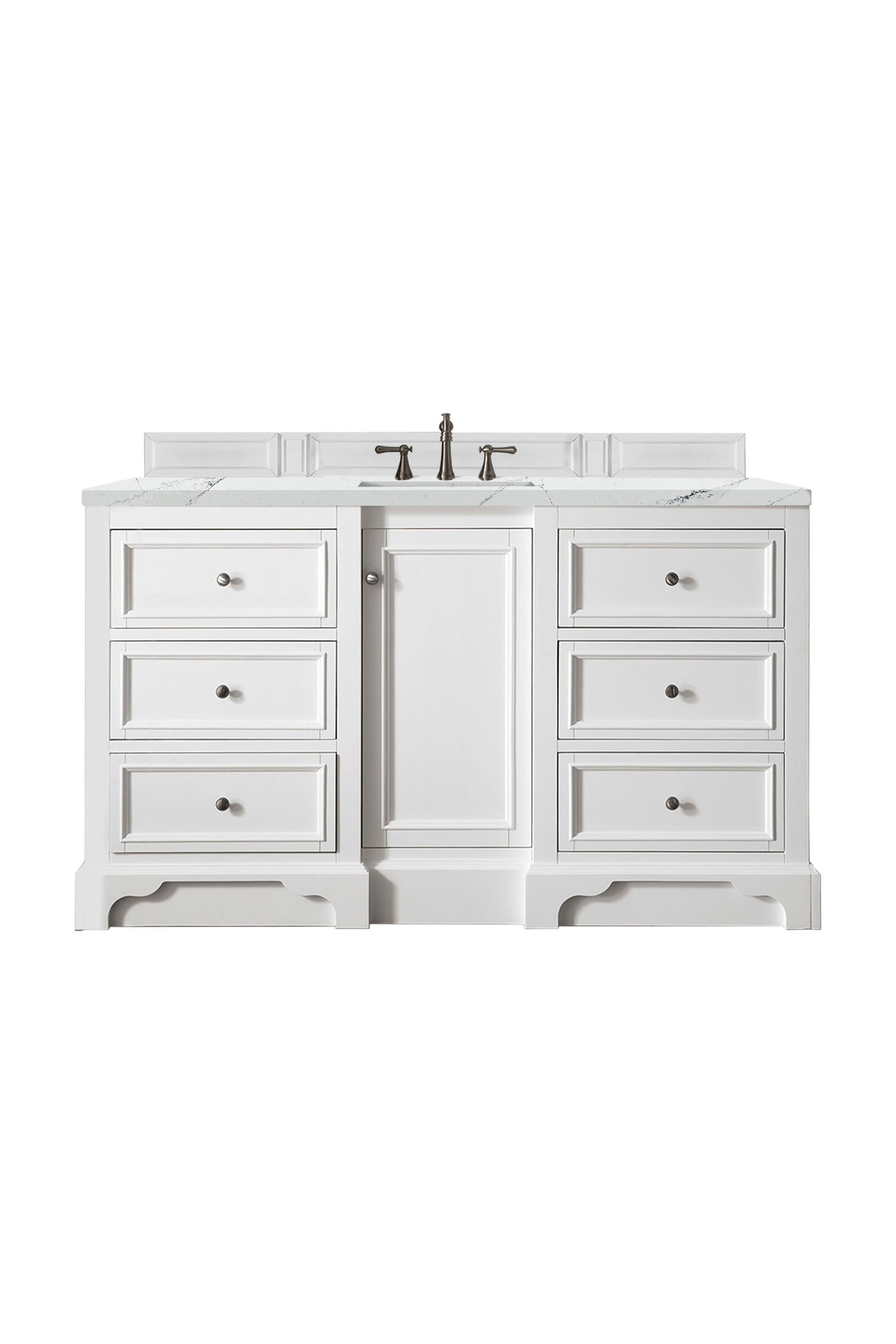 James Martin 825-V60S-BW-3ENC De Soto 60" Single Vanity, Bright White, w/ 3 CM Ethereal Noctis Quartz Top