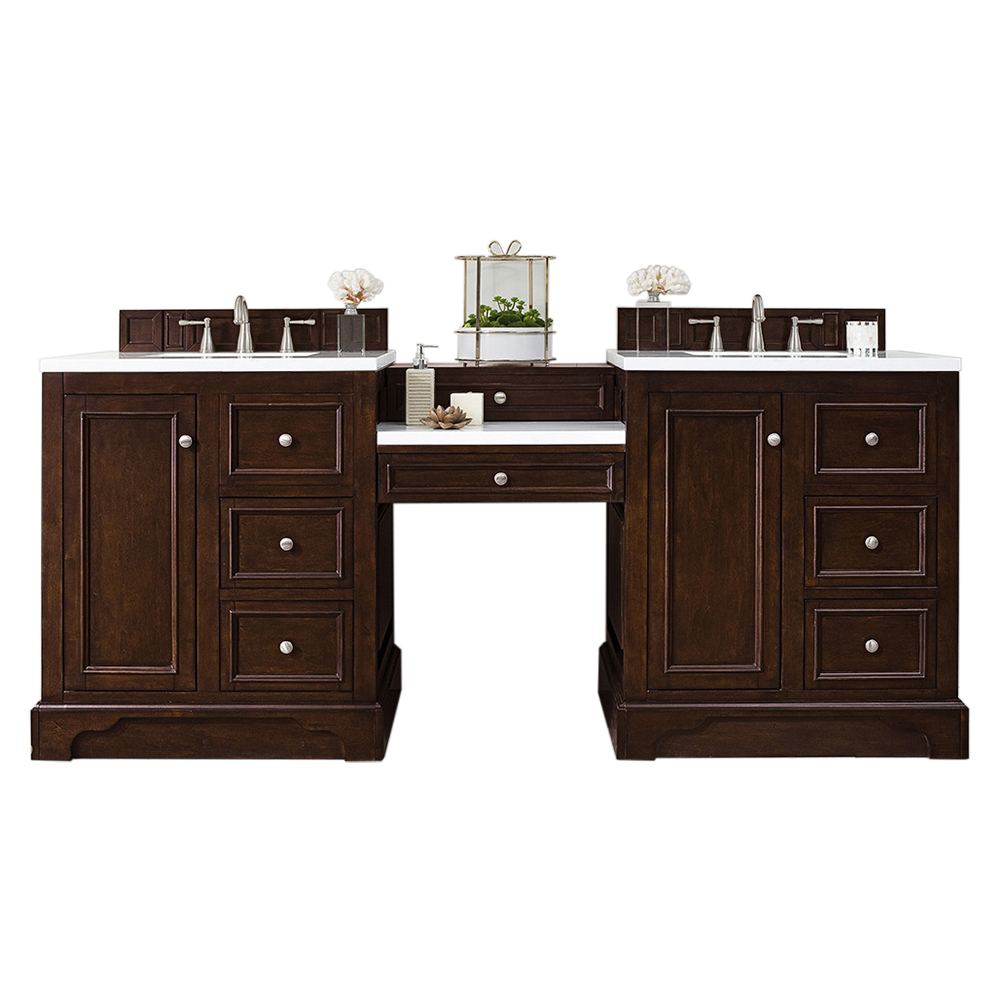 James Martin 825-V82-BNM-DU-AF De Soto 82" Double Vanity Set, Burnished Mahogany w/ Makeup Table, 3 CM Arctic Fall Solid Surface Top