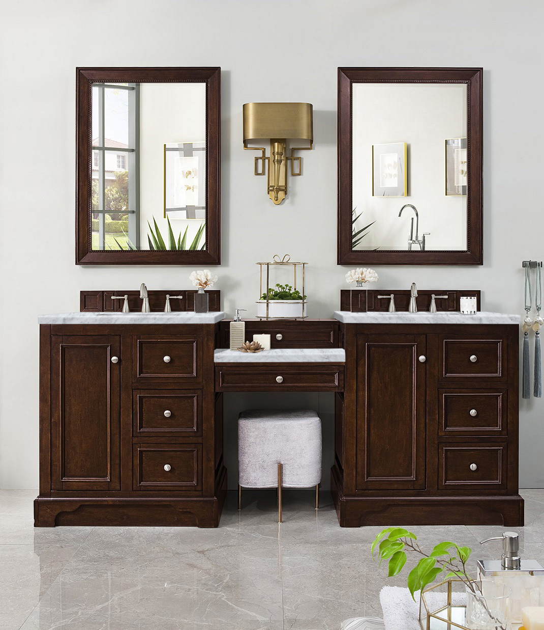 James Martin 825-V82-BNM-DU-CAR De Soto 82" Double Vanity Set, Burnished Mahogany w/ Makeup Table, 3 CM Carrara Marble Top