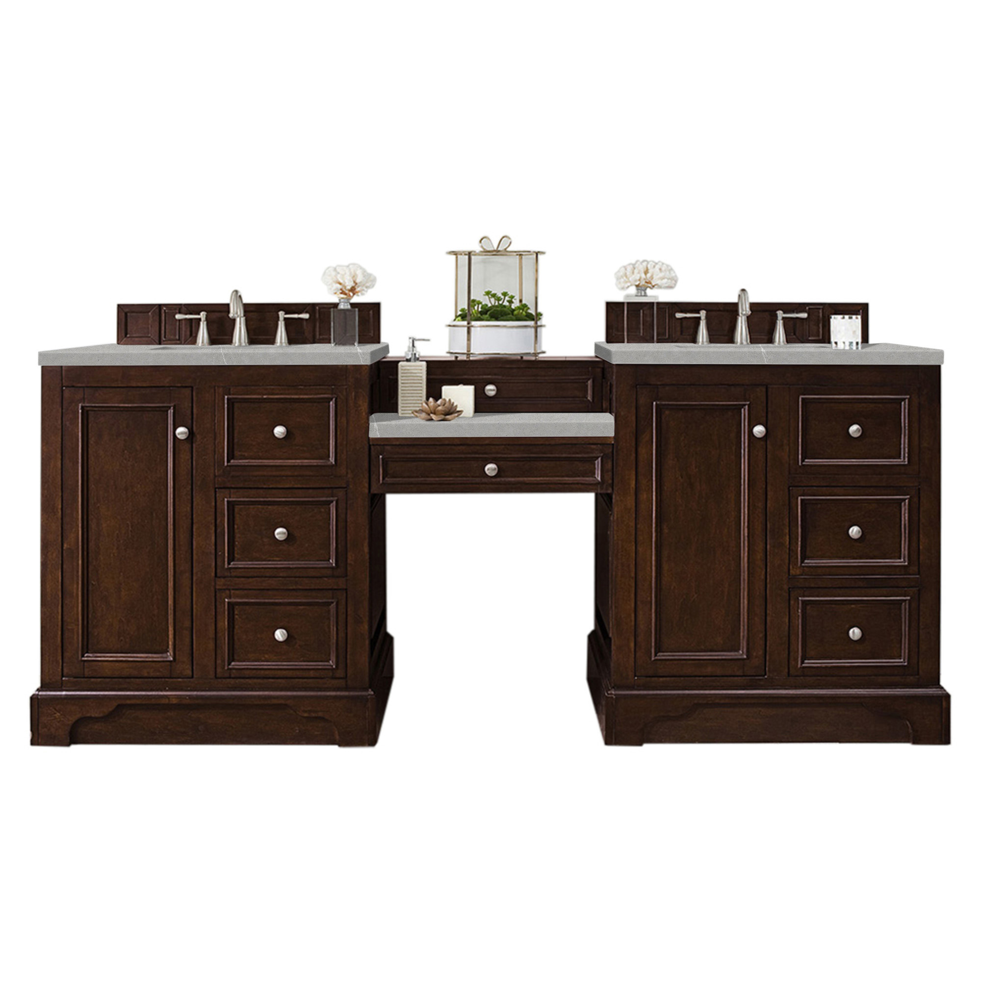 James Martin 825-V82-BNM-DU-ESR De Soto 82" Double Vanity Set, Burnished Mahogany w/ Makeup Table, 3 CM Eternal Serena Quartz Top