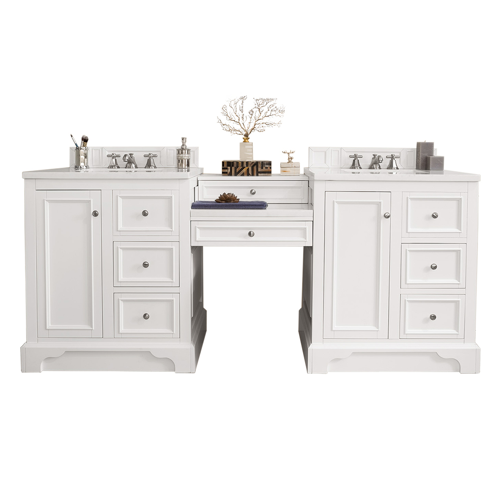 James Martin 825-V82-BW-DU-AF De Soto 82" Double Vanity Set, Bright White w/ Makeup Table, 3 CM Arctic Fall Solid Surface Top