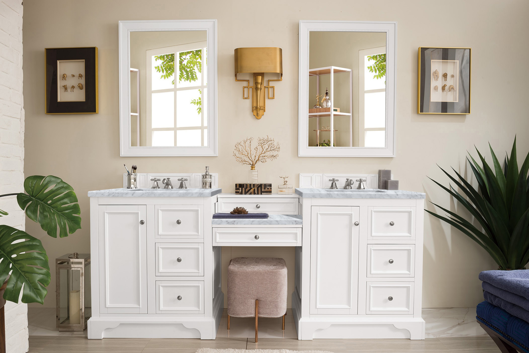 James Martin 825-V82-BW-DU-CAR De Soto 82" Double Vanity Set, Bright White w/ Makeup Table, 3 CM Carrara Marble Top