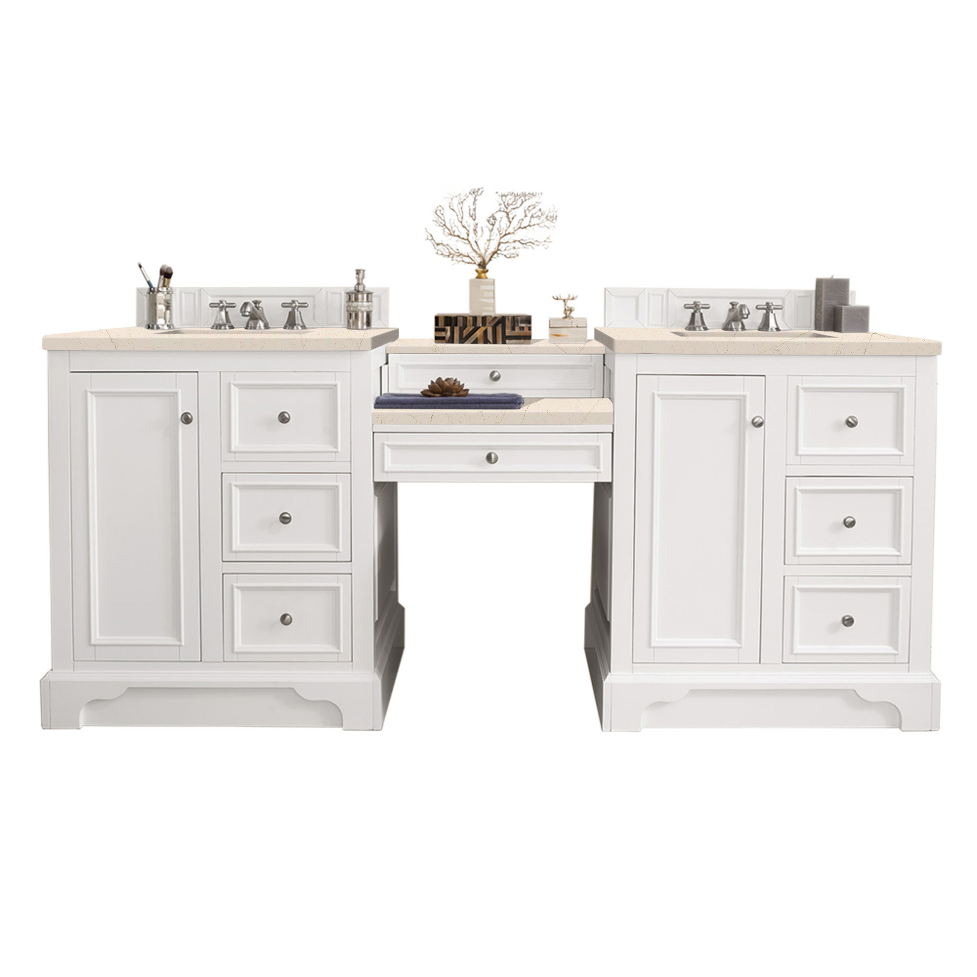 James Martin 825-V82-BW-DU-EMR De Soto 82" Double Vanity Set, Bright White w/ Makeup Table, 3 CM Eternal Marfil Quartz Top