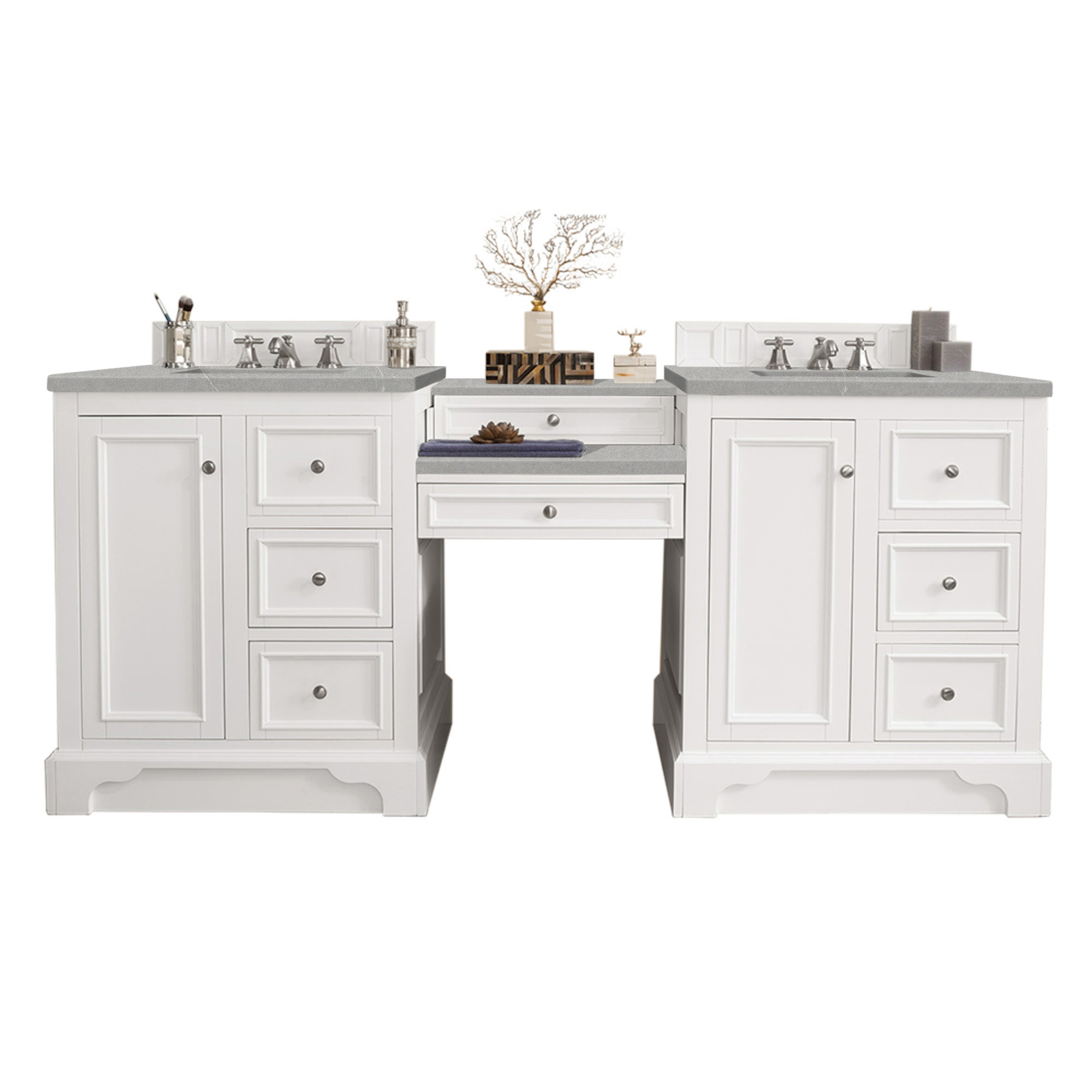 James Martin 825-V82-BW-DU-ESR De Soto 82" Double Vanity Set, Bright White w/ Makeup Table, 3 CM Eternal Serena Quartz Top