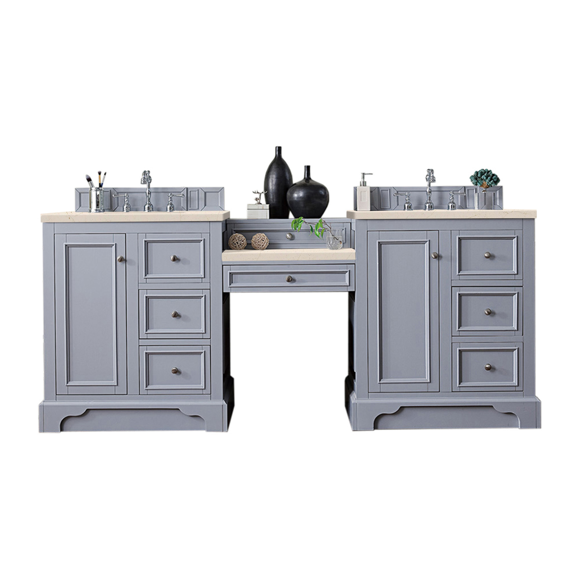 James Martin 825-V82-SL-DU-EMR De Soto 82" Double Vanity Set, Silver Gray w/ Makeup Table, 3 CM Eternal Marfil Quartz Top