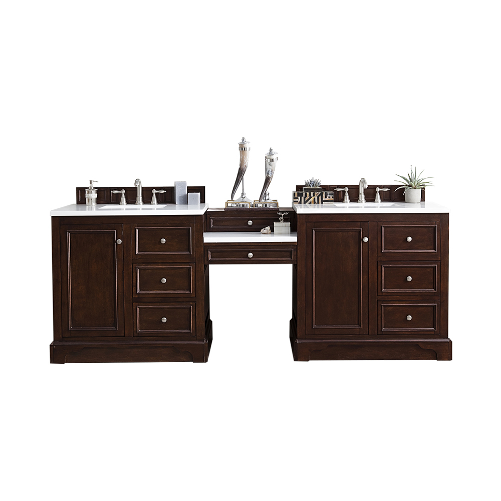 James Martin 825-V94-BNM-DU-AF De Soto 94" Double Vanity Set, Burnished Mahogany w/ Makeup Table, 3 CM Arctic Fall Solid Surface Top