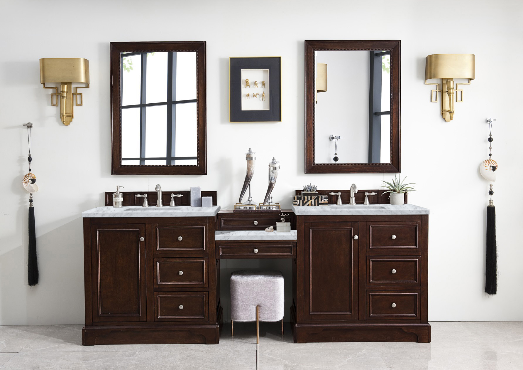 James Martin 825-V94-BNM-DU-CAR De Soto 94" Double Vanity Set, Burnished Mahogany w/ Makeup Table, 3 CM Carrara Marble Top