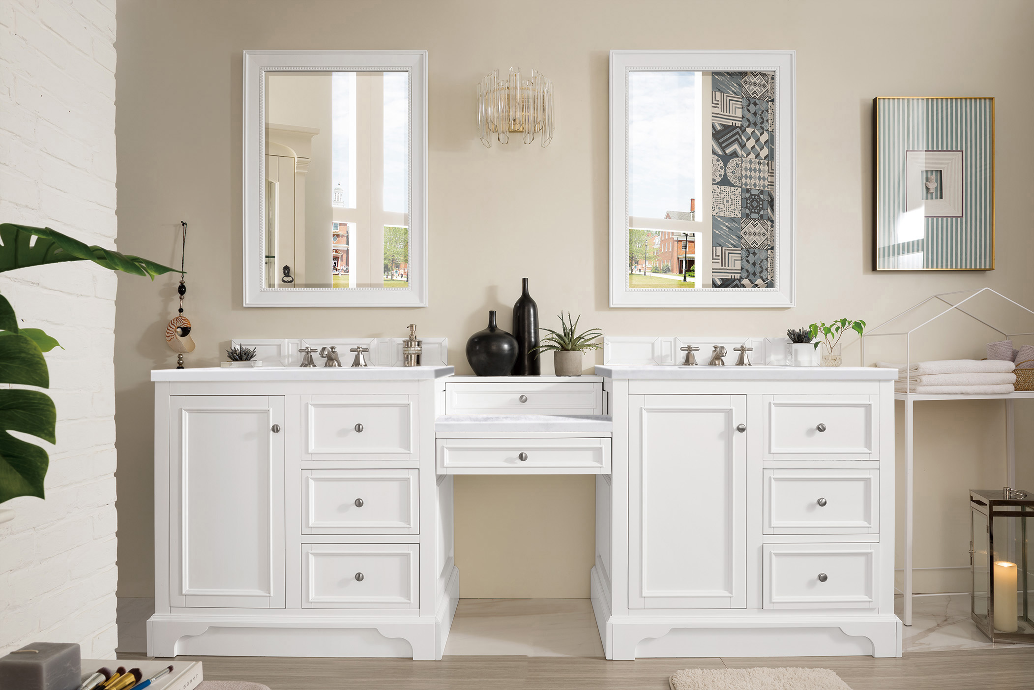 James Martin 825-V94-BW-DU-AF De Soto 94" Double Vanity Set, Bright White w/ Makeup Table, 3 CM Arctic Fall Solid Surface Top