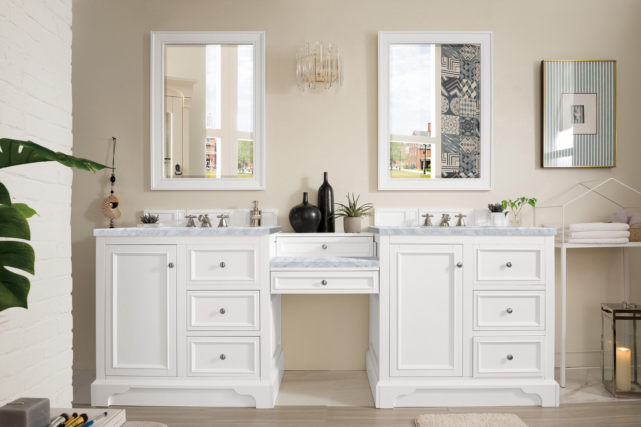 James Martin 825-V94-BW-DU-CAR De Soto 94" Double Vanity Set, Bright White w/ Makeup Table, 3 CM Carrara Marble Top