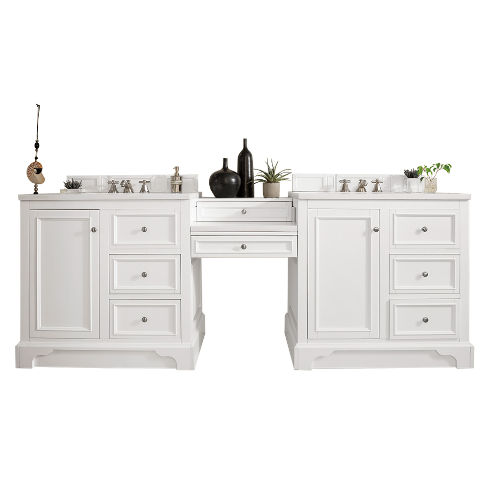 James Martin 825-V94-BW-DU-CLW De Soto 94" Double Vanity Set, Bright White w/ Makeup Table, 3 CM Classic White Quartz Top