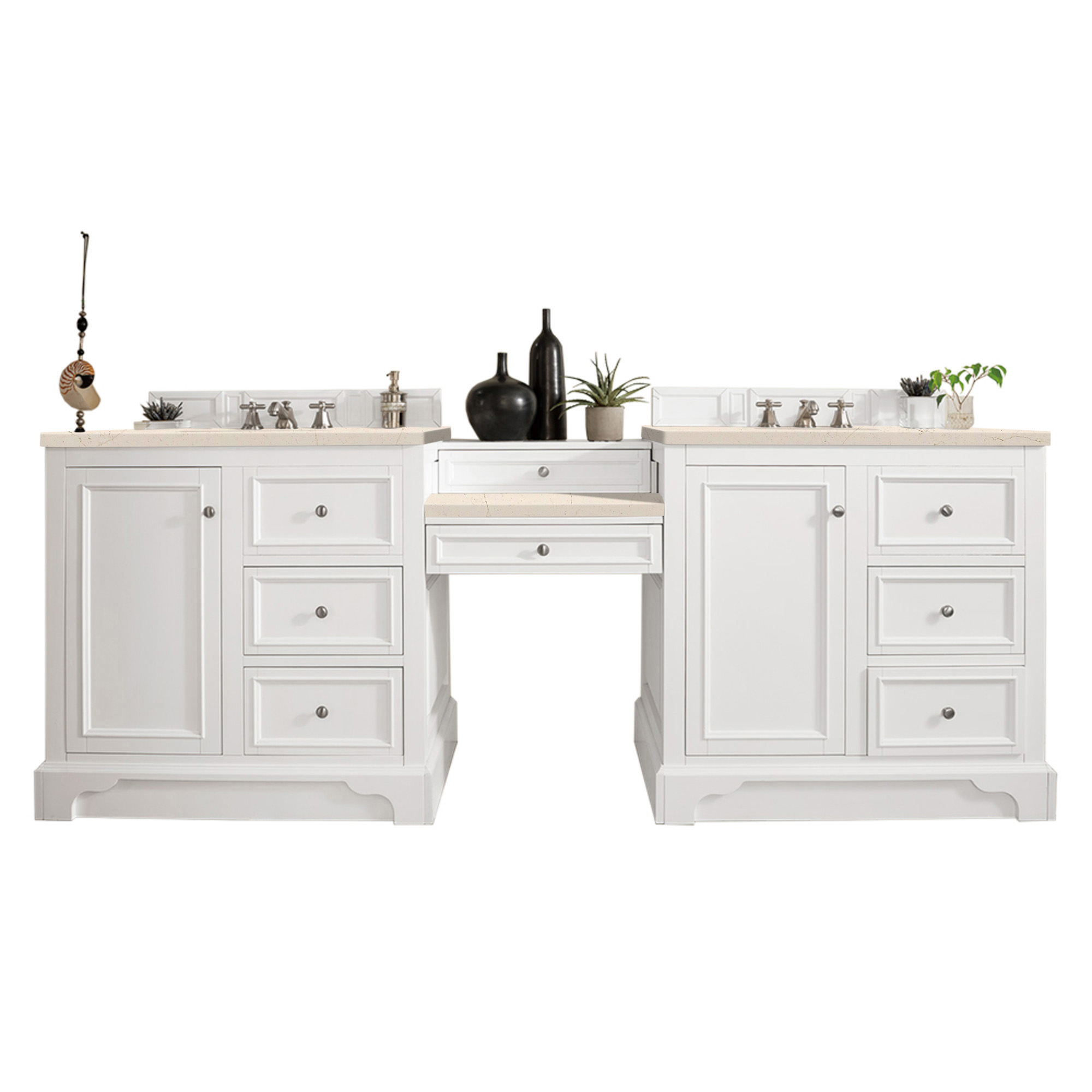 James Martin 825-V94-BW-DU-EMR De Soto 94" Double Vanity Set, Bright White w/ Makeup Table, 3 CM Eternal Marfil Quartz Top