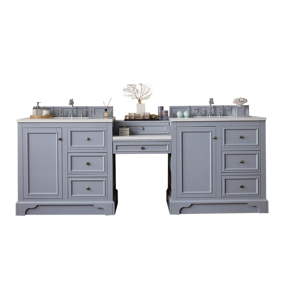 James Martin 825-V94-SL-DU-AF De Soto 94" Double Vanity Set, Silver Gray w/ Makeup Table, 3 CM Arctic Fall Solid Surface Top