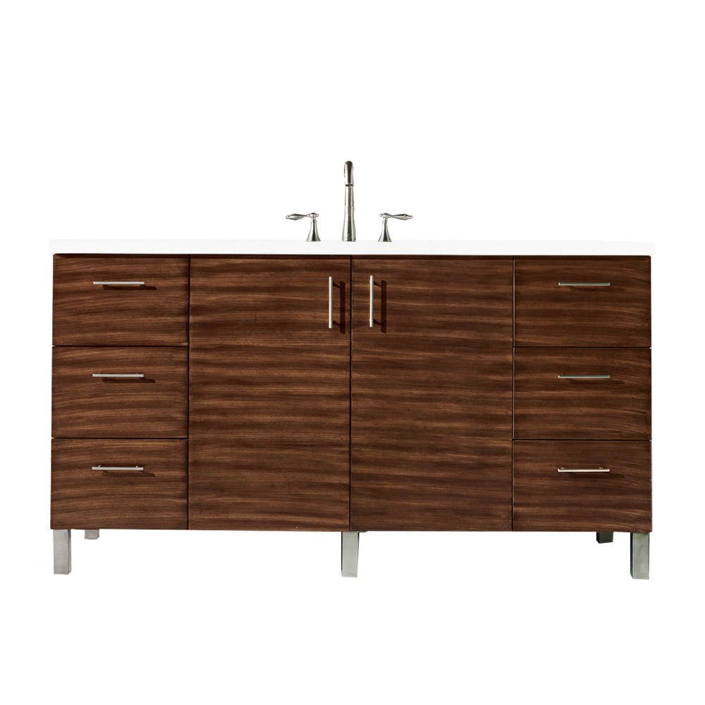 James Martin 850-V60S-AWT-3CLW Metropolitan 60" Single Vanity, American Walnut, w/ 3 CM Classic White Quartz Top