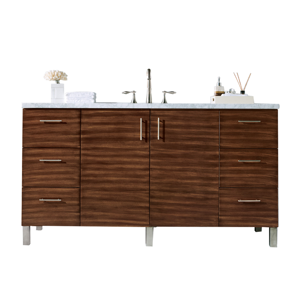 James Martin 850-V60S-AWT-3EJP Metropolitan 60" Single Vanity, American Walnut, w/ 3 CM Eternal Jasmine Pearl Quartz Top