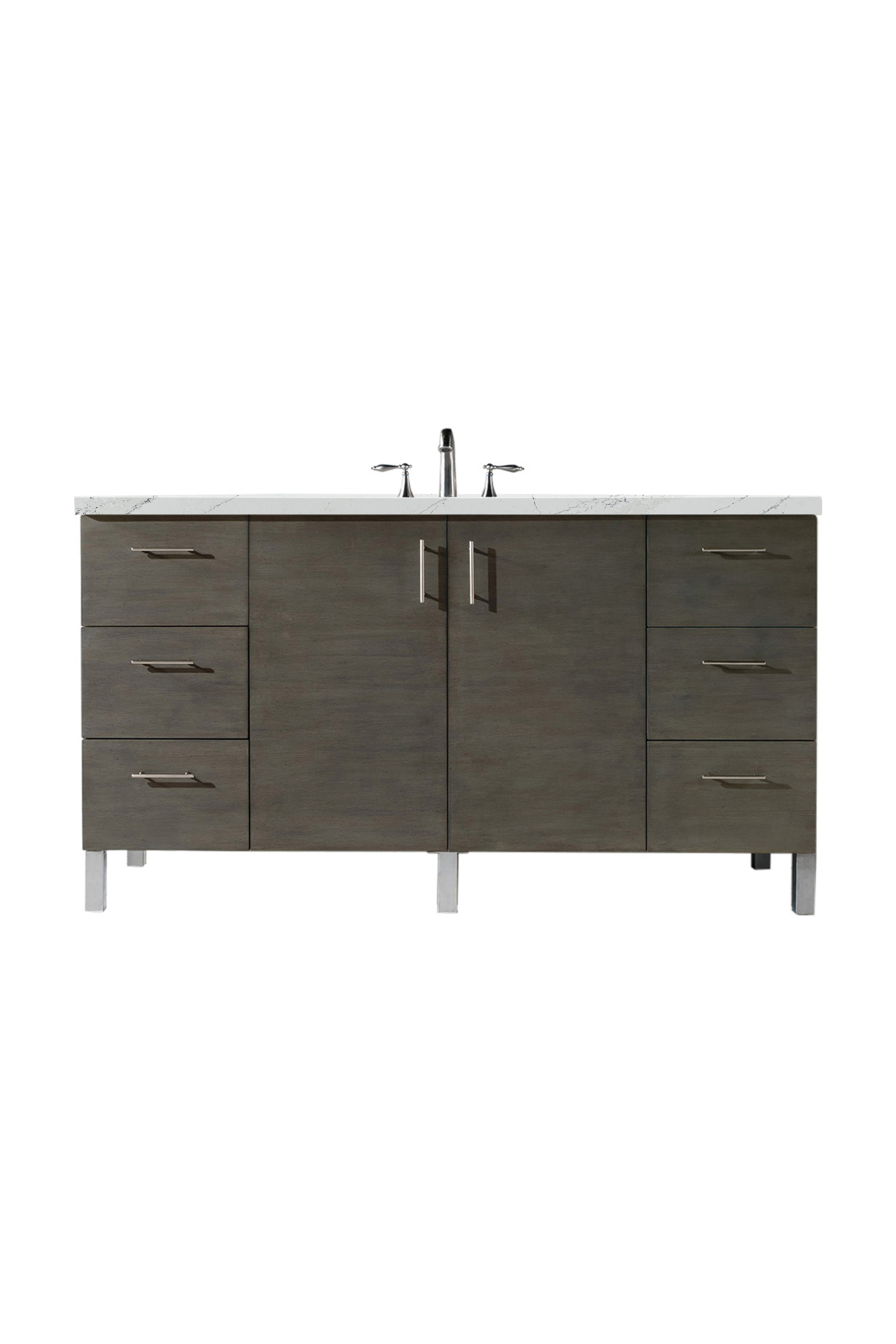 James Martin 850-V60S-SOK-3ENC Metropolitan 60" Single Vanity, Silver Oak, w/ 3 CM Ethereal Noctis Quartz Top