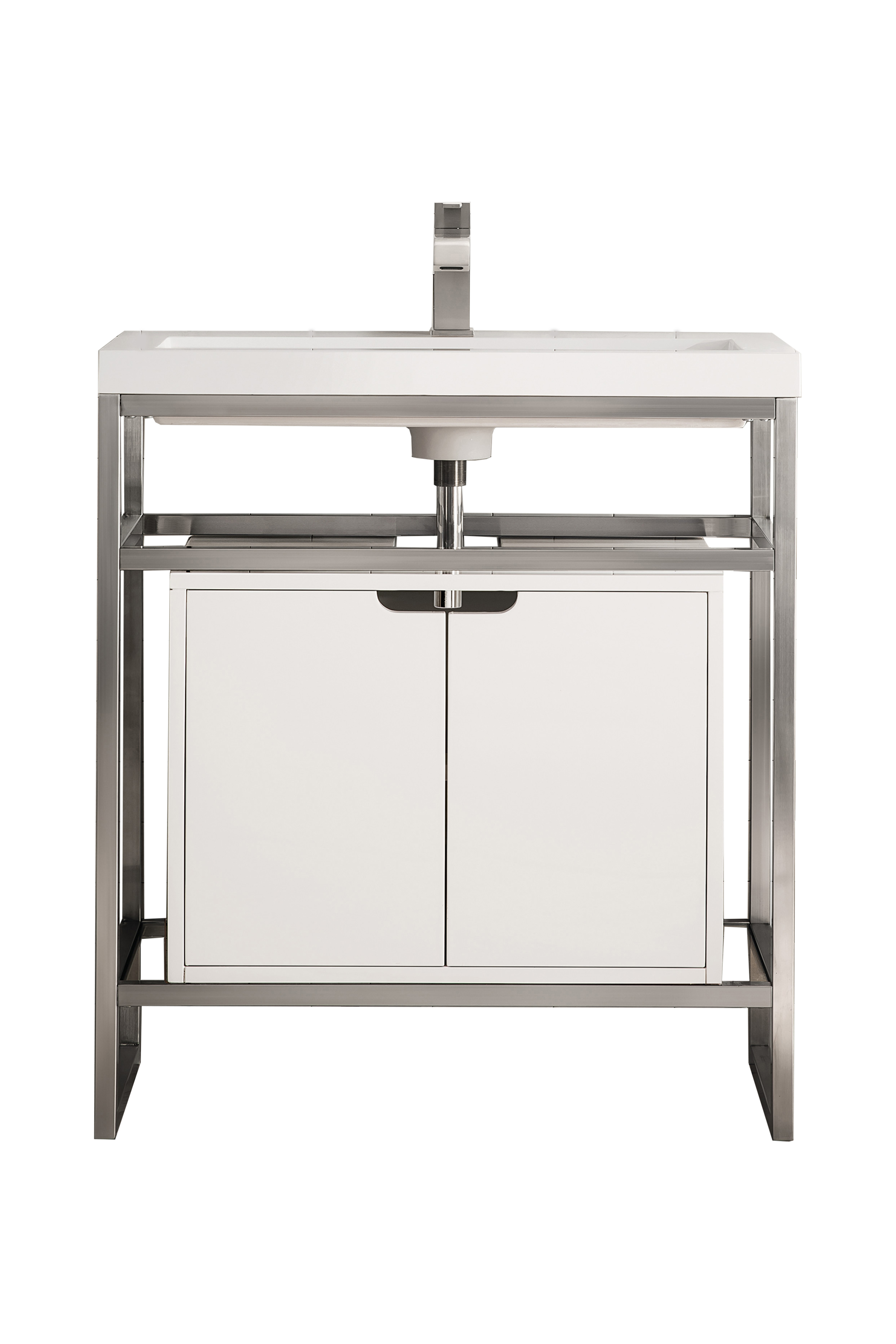 James Martin C105V31.5BNKSCGWWG Boston 31.5" Stainless Steel Sink Console, Brushed Nickel w/ Glossy White Storage Cabinet, White Glossy Composite Countertop