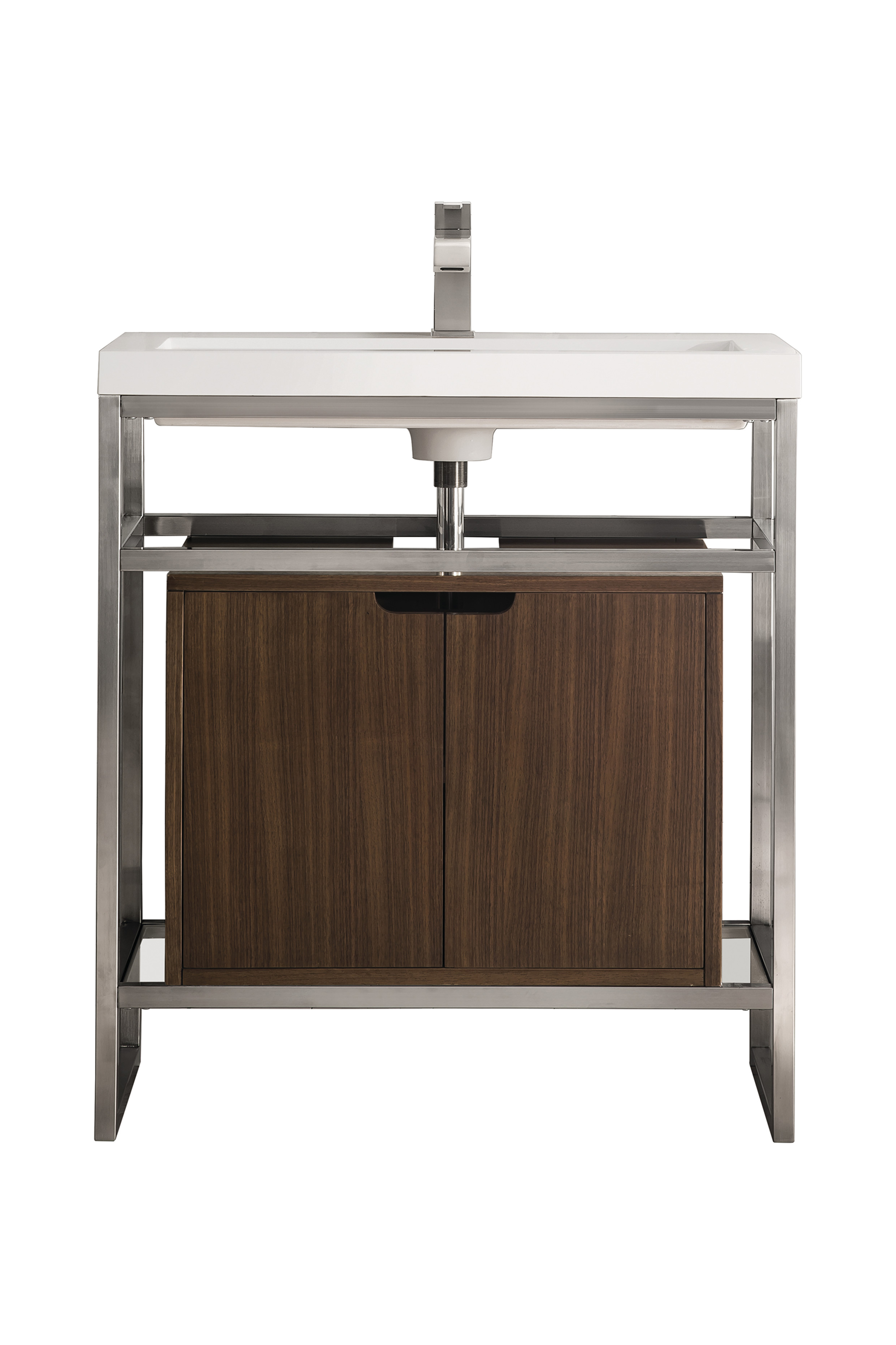 James Martin C105V31.5BNKSCWLTWG Boston 31.5" Stainless Steel Sink Console, Brushed Nickel w/ Mid Century Walnut Storage Cabinet, White Glossy Composite Countertop