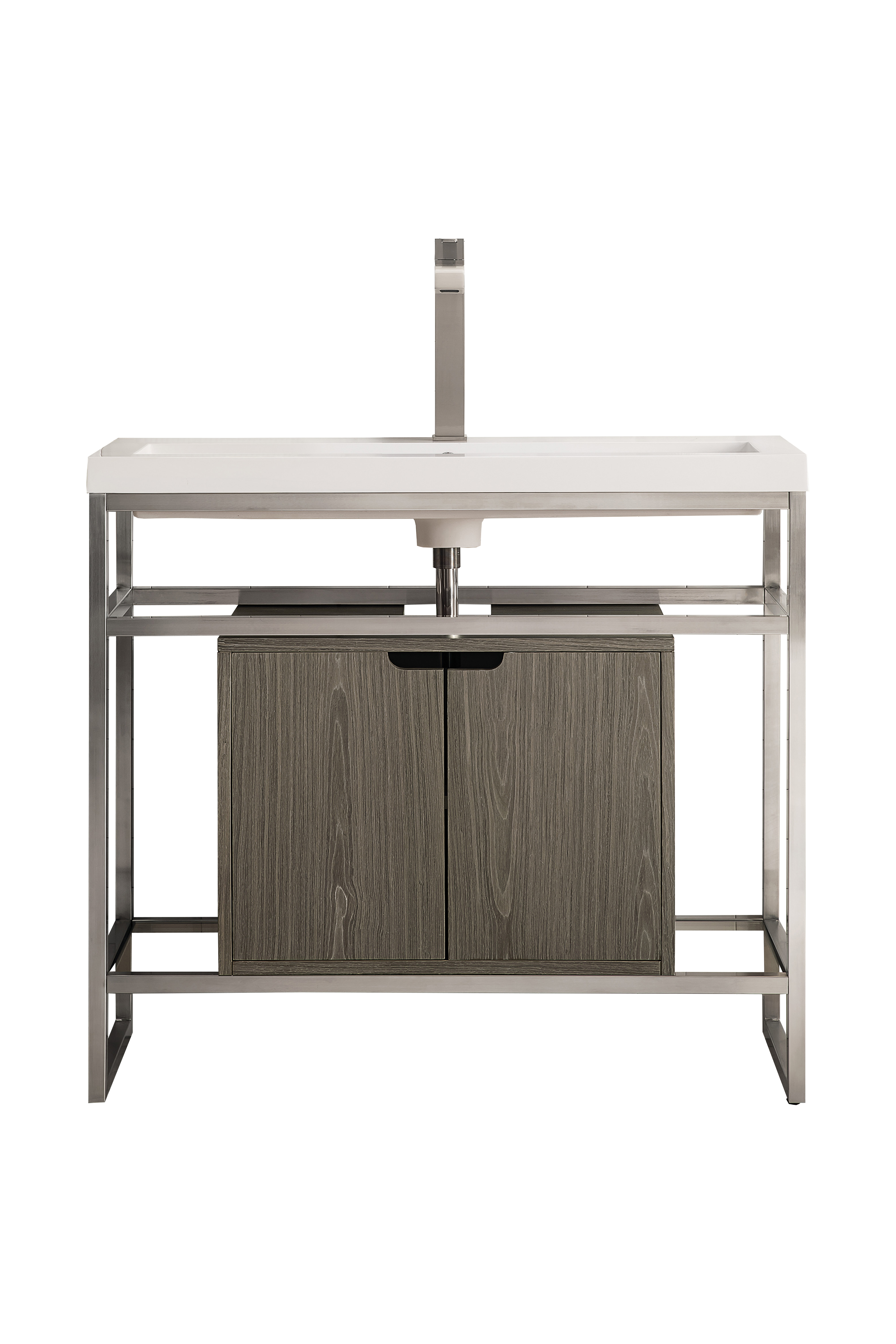 James Martin C105V39.5BNKSCAGRWG Boston 39.5" Stainless Steel Sink Console, Brushed Nickel w/ Ash Gray Storage Cabinet, White Glossy Composite Countertop