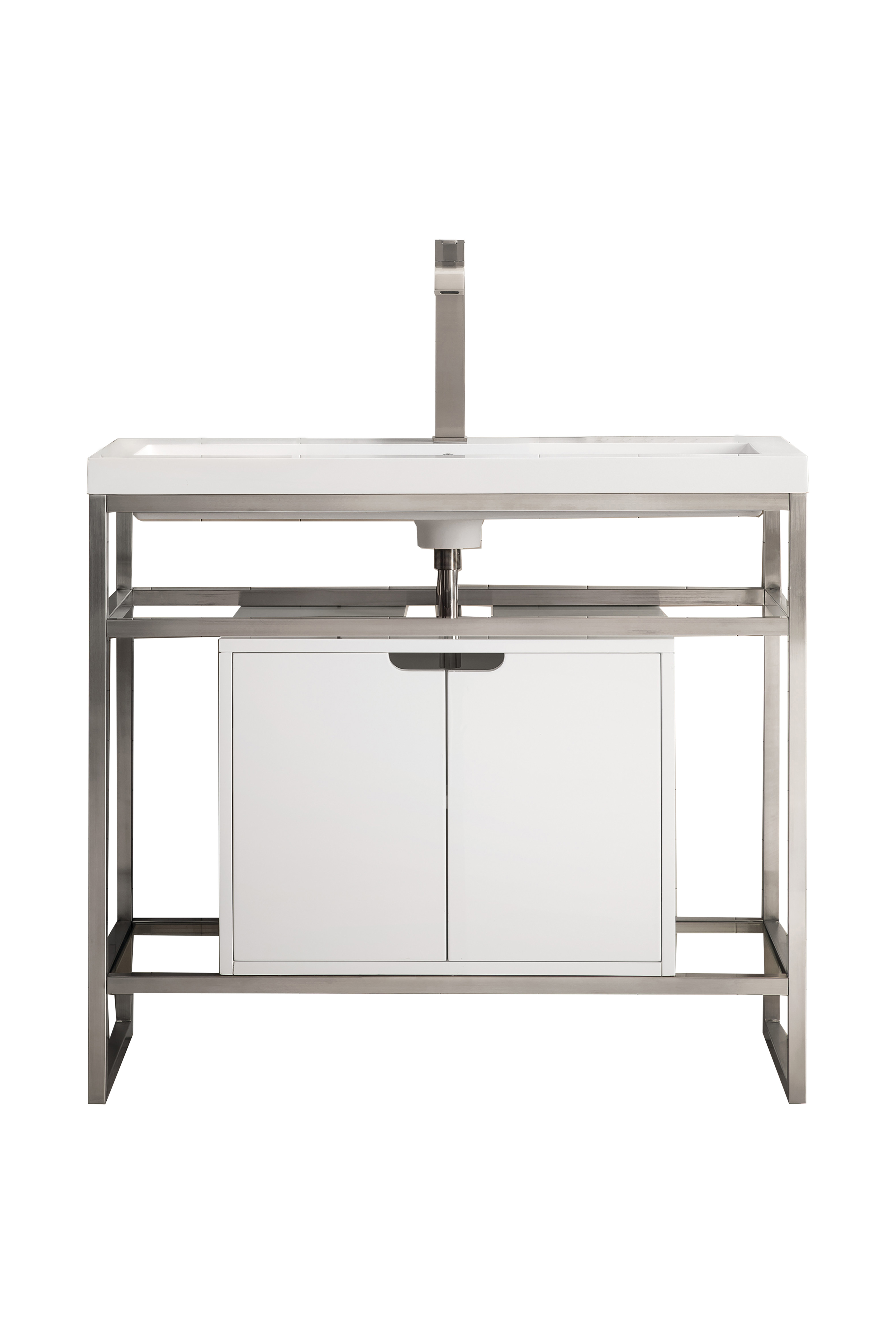 James Martin C105V39.5BNKSCGWWG Boston 39.5" Stainless Steel Sink Console, Brushed Nickel w/ Glossy White Storage Cabinet, White Glossy Composite Countertop