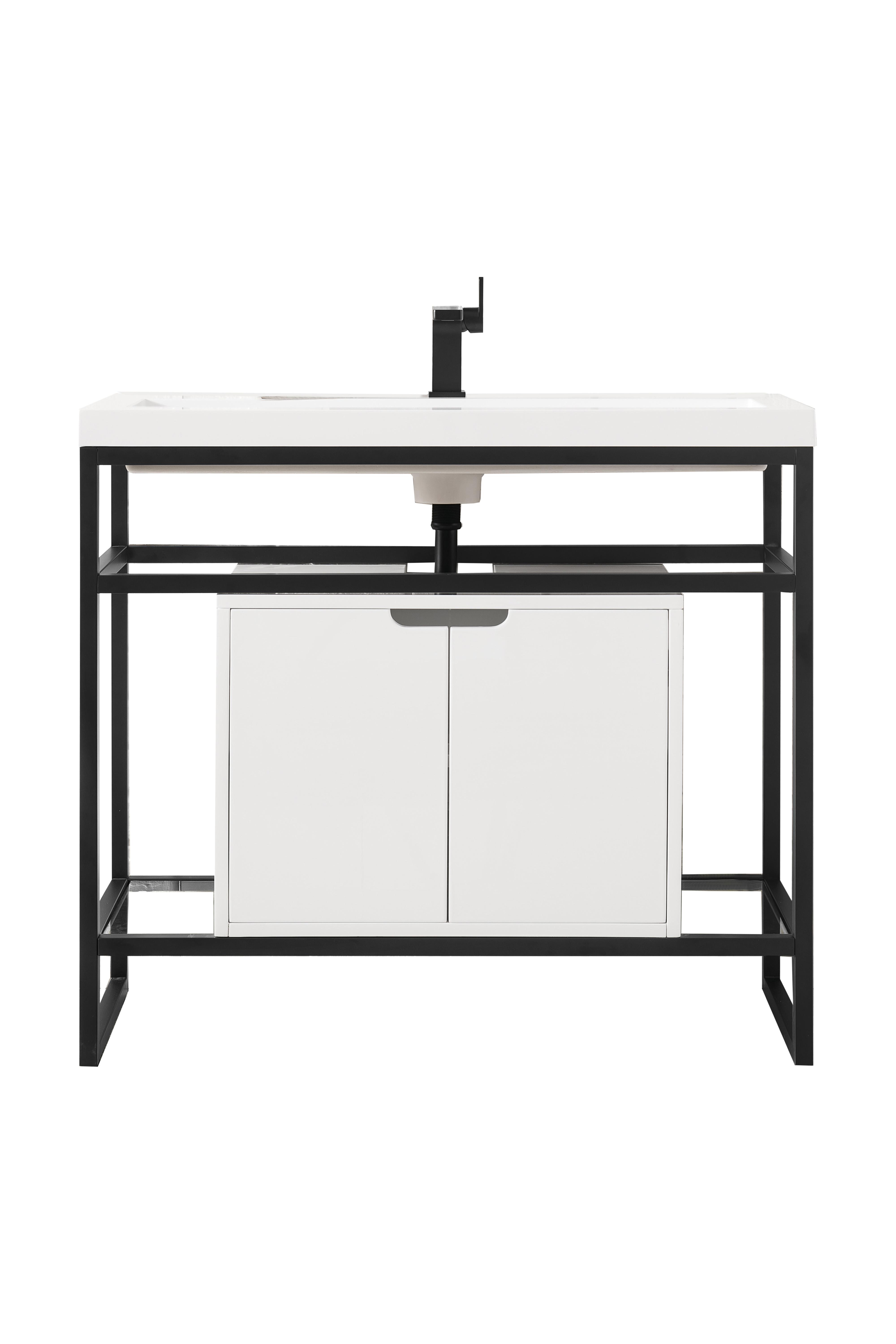 James Martin C105V39.5MBKSCGWWG Boston 39.5" Stainless Steel Sink Console, Matte Black w/ Glossy White Storage Cabinet, White Glossy Composite Countertop