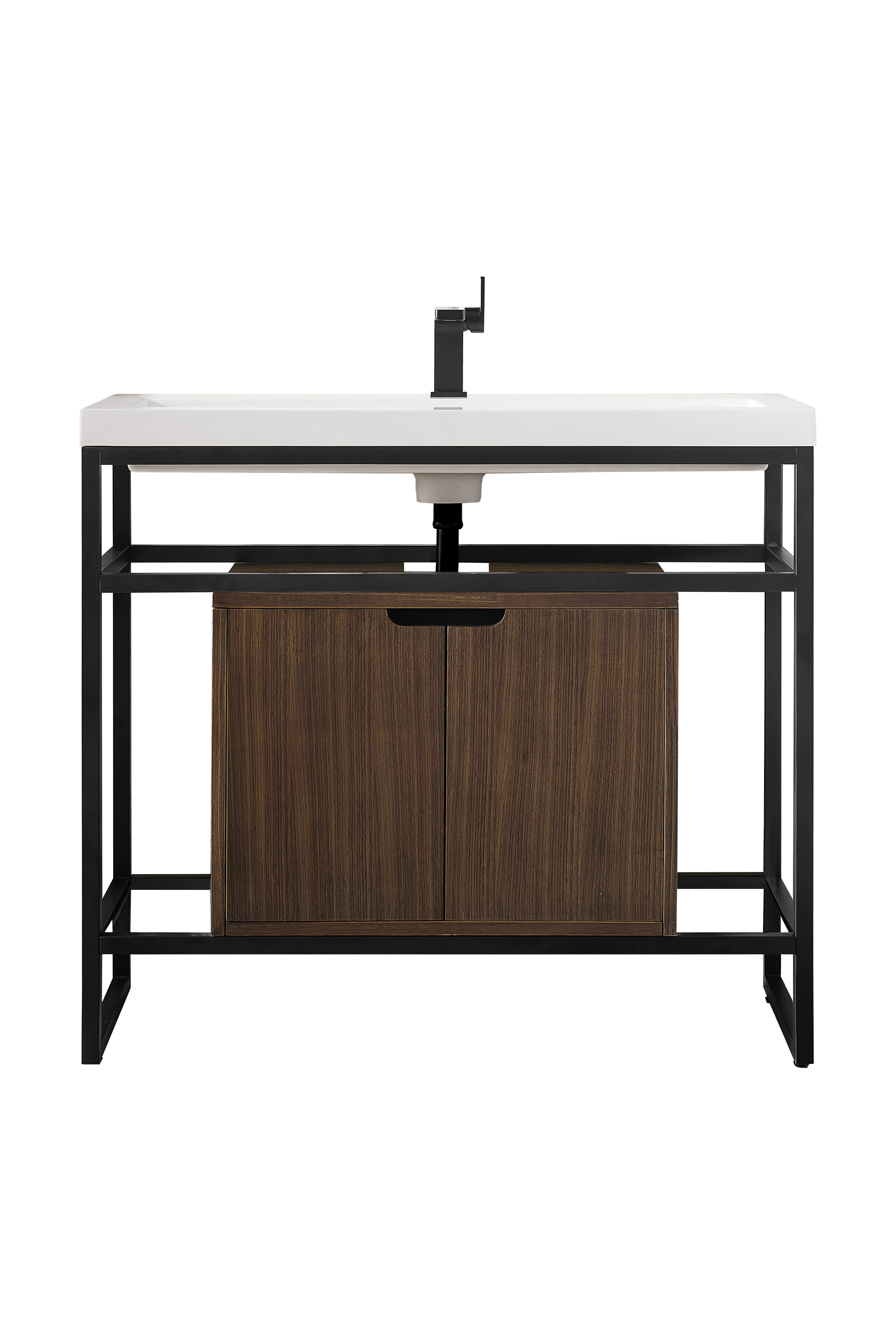 James Martin C105V39.5MBKSCWLTWG Boston 39.5" Stainless Steel Sink Console, Matte Black w/ Mid Century Walnut Storage Cabinet, White Glossy Composite Countertop