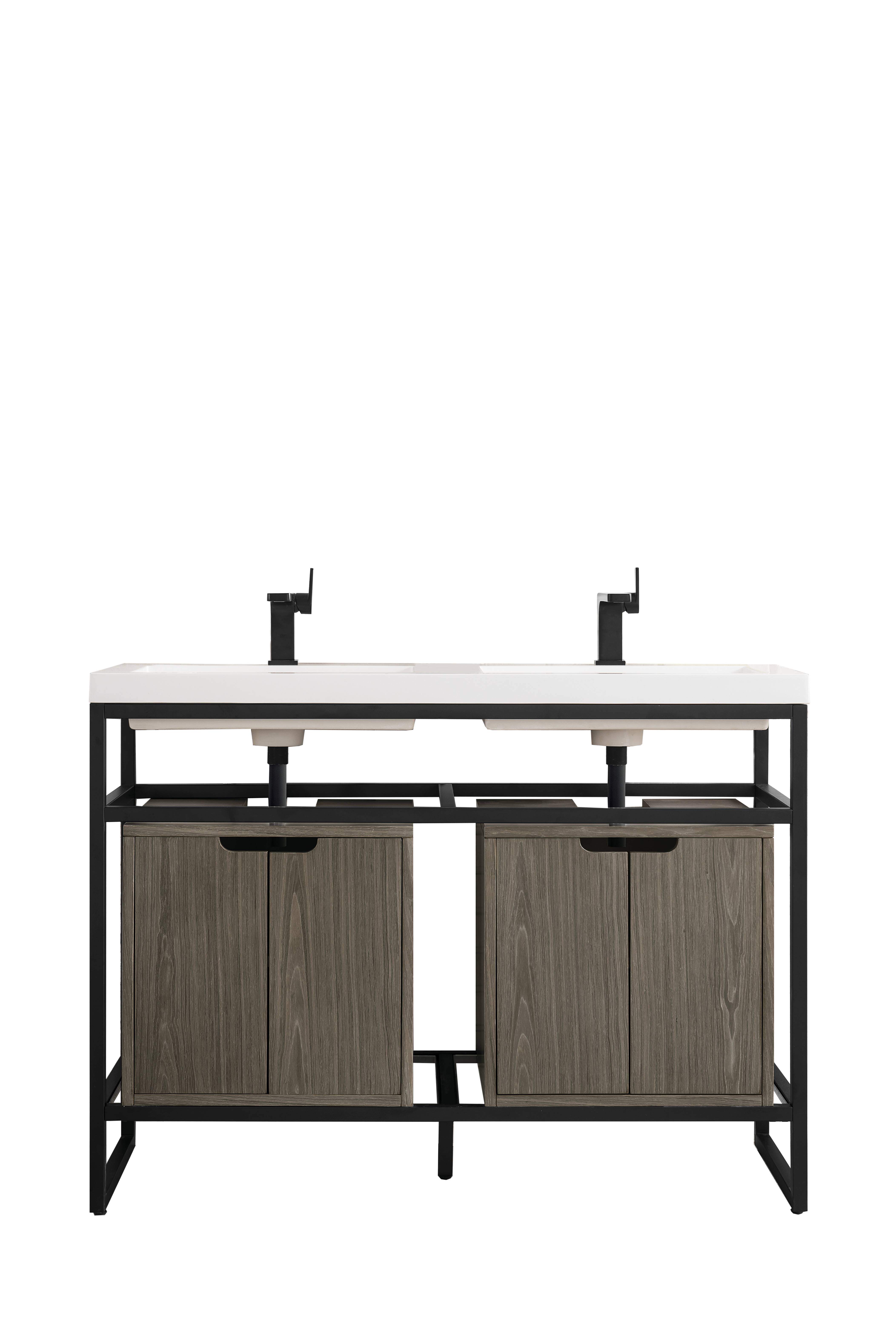 James Martin C105V47MBKSCAGRWG Boston 47" Stainless Steel Sink Console (Double Basins), Matte Black w/ Ash Gray Storage Cabinet, White Glossy Composite Countertop