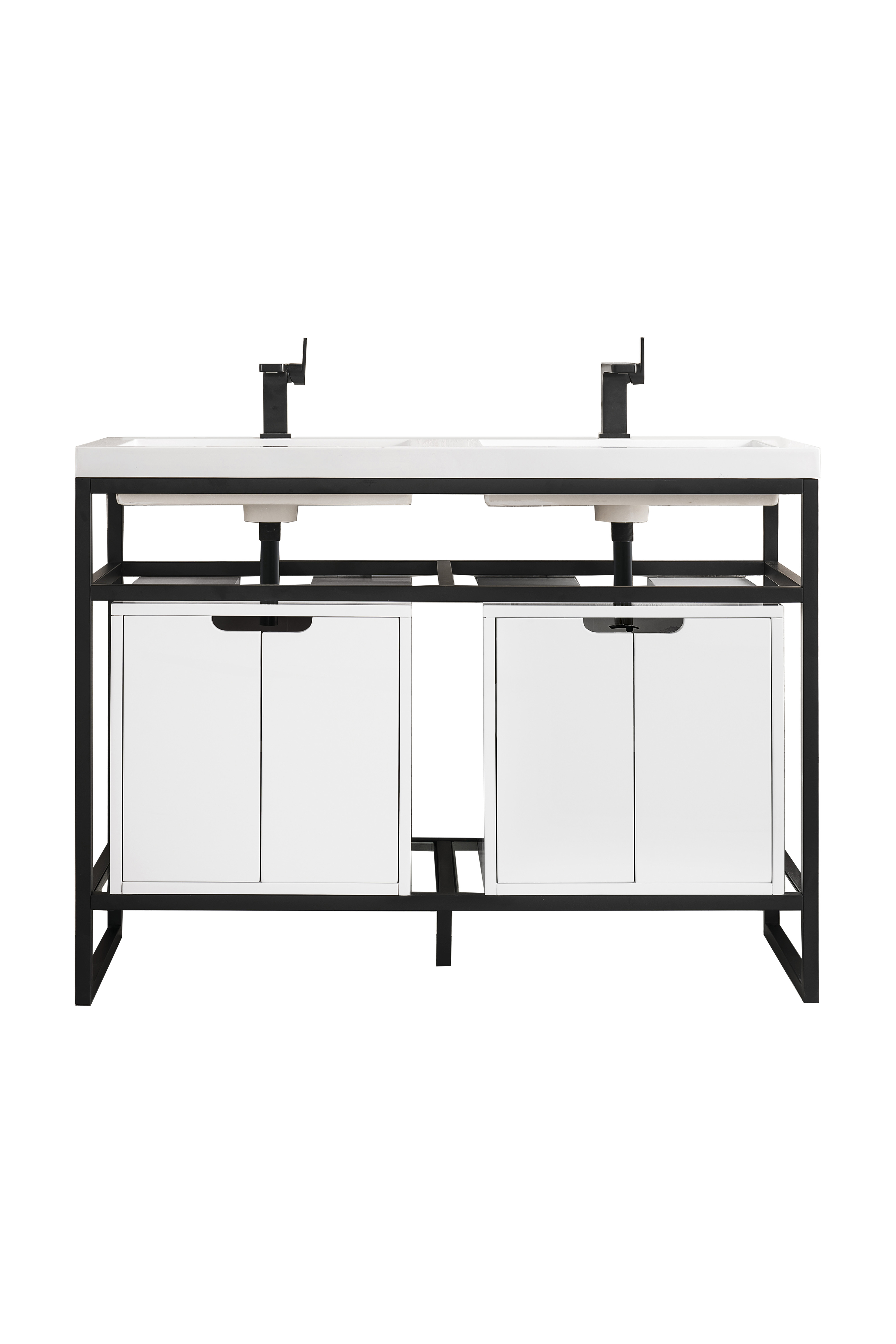 James Martin C105V47MBKSCGWWG Boston 47" Stainless Steel Sink Console (Double Basins), Matte Black w/ Glossy White Storage Cabinet, White Glossy Composite Countertop