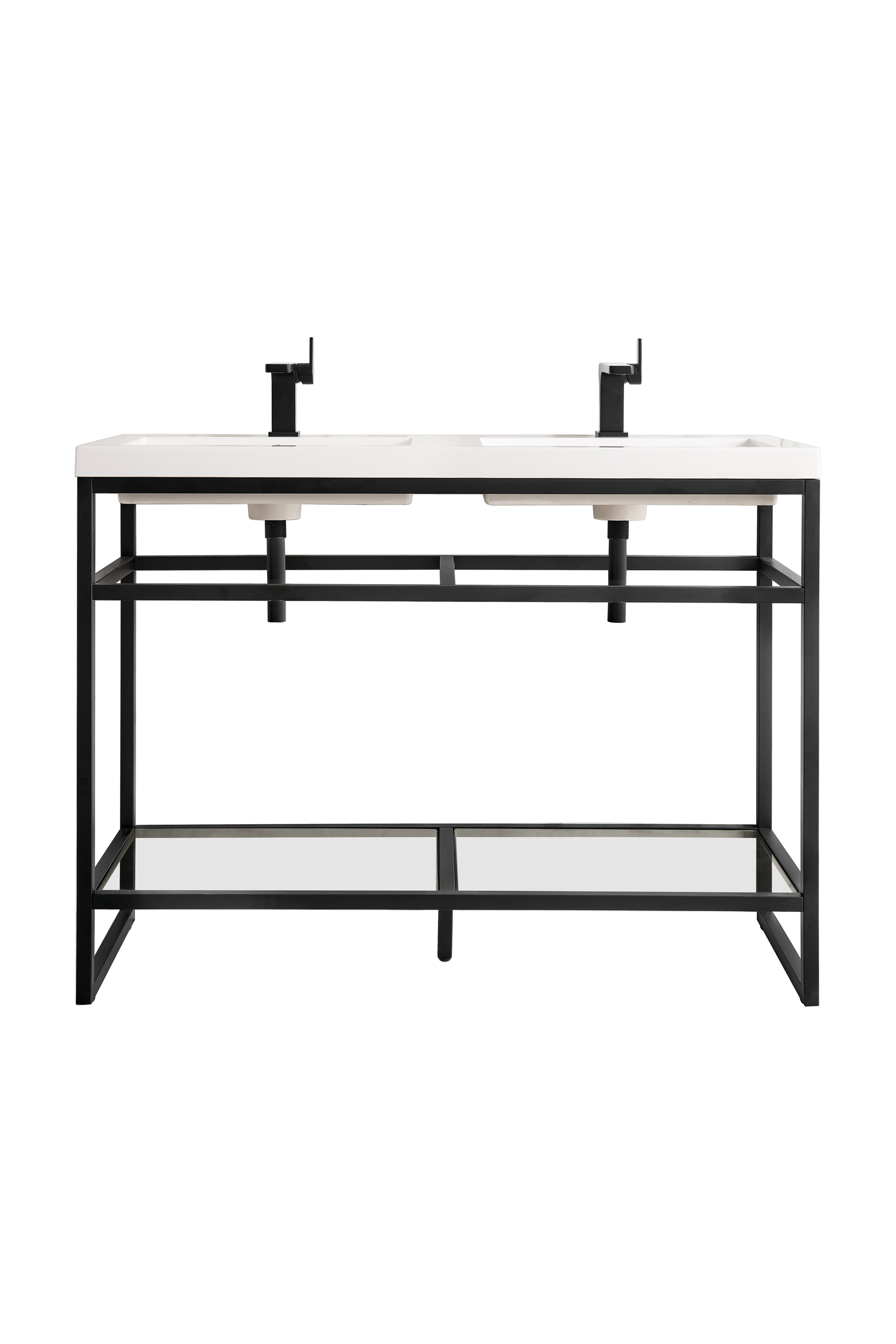 James Martin C105V47MBKWG Boston 47" Stainless Steel Sink Console (Double Basins), Matte Black w/ White Glossy Composite Countertop