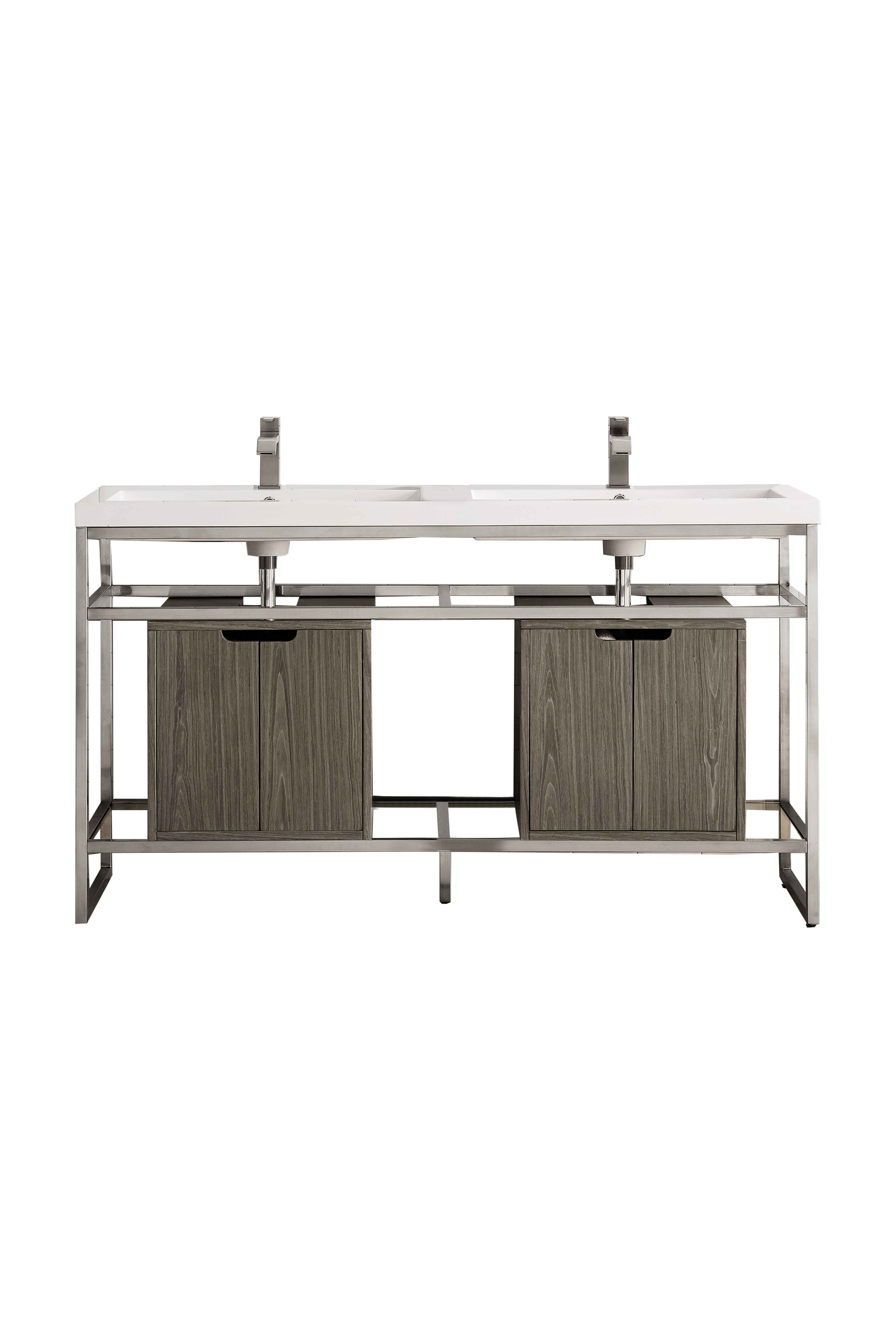James Martin C105V63BNKSCAGRWG Boston 63" Stainless Steel Sink Console (Double Basins), Brushed Nickel w/ Ash Gray Storage Cabinet, White Glossy Composite Countertop