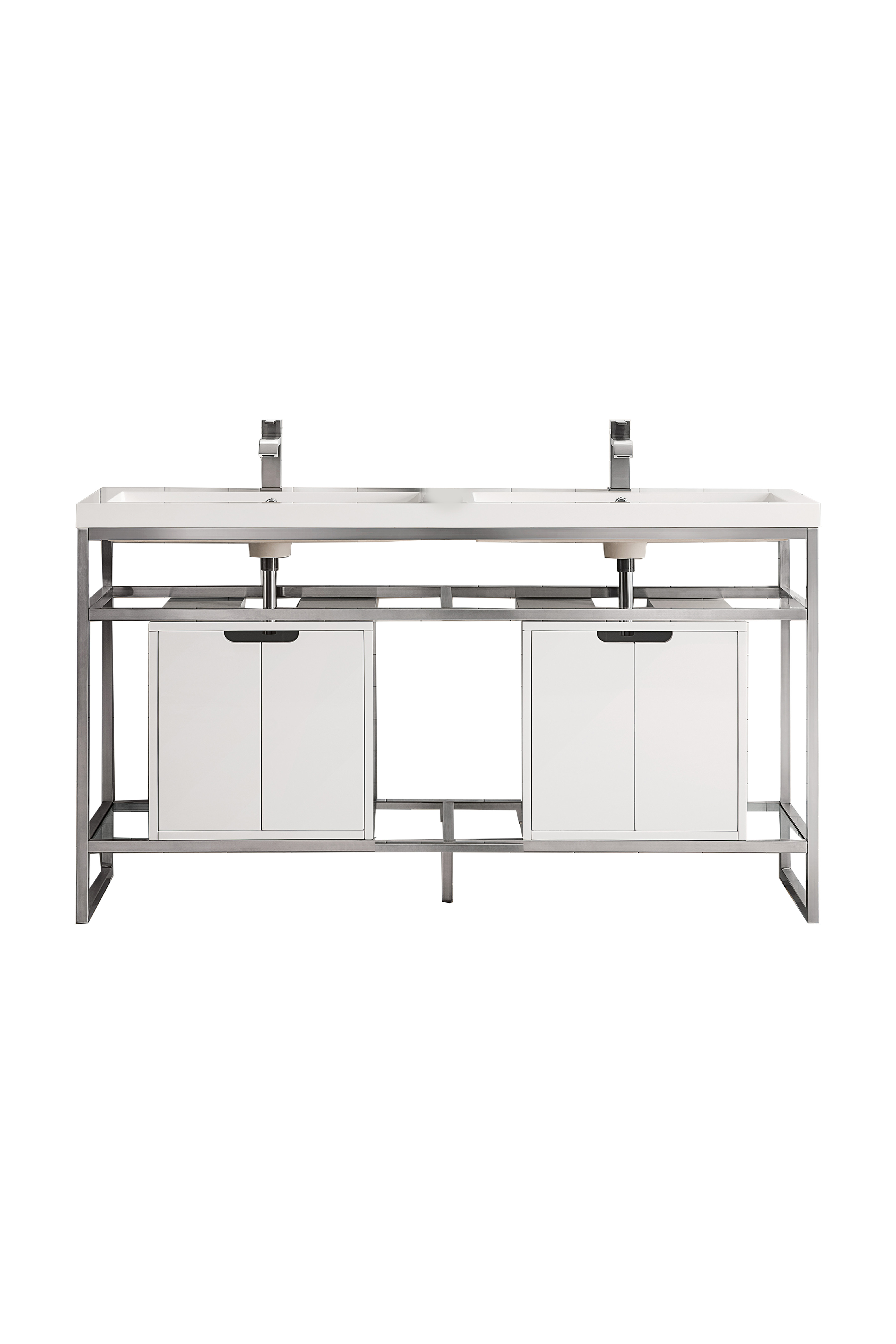 James Martin C105V63BNKSCGWWG Boston 63" Stainless Steel Sink Console (Double Basins), Brushed Nickel w/ Glossy White Storage Cabinet, White Glossy Composite Countertop