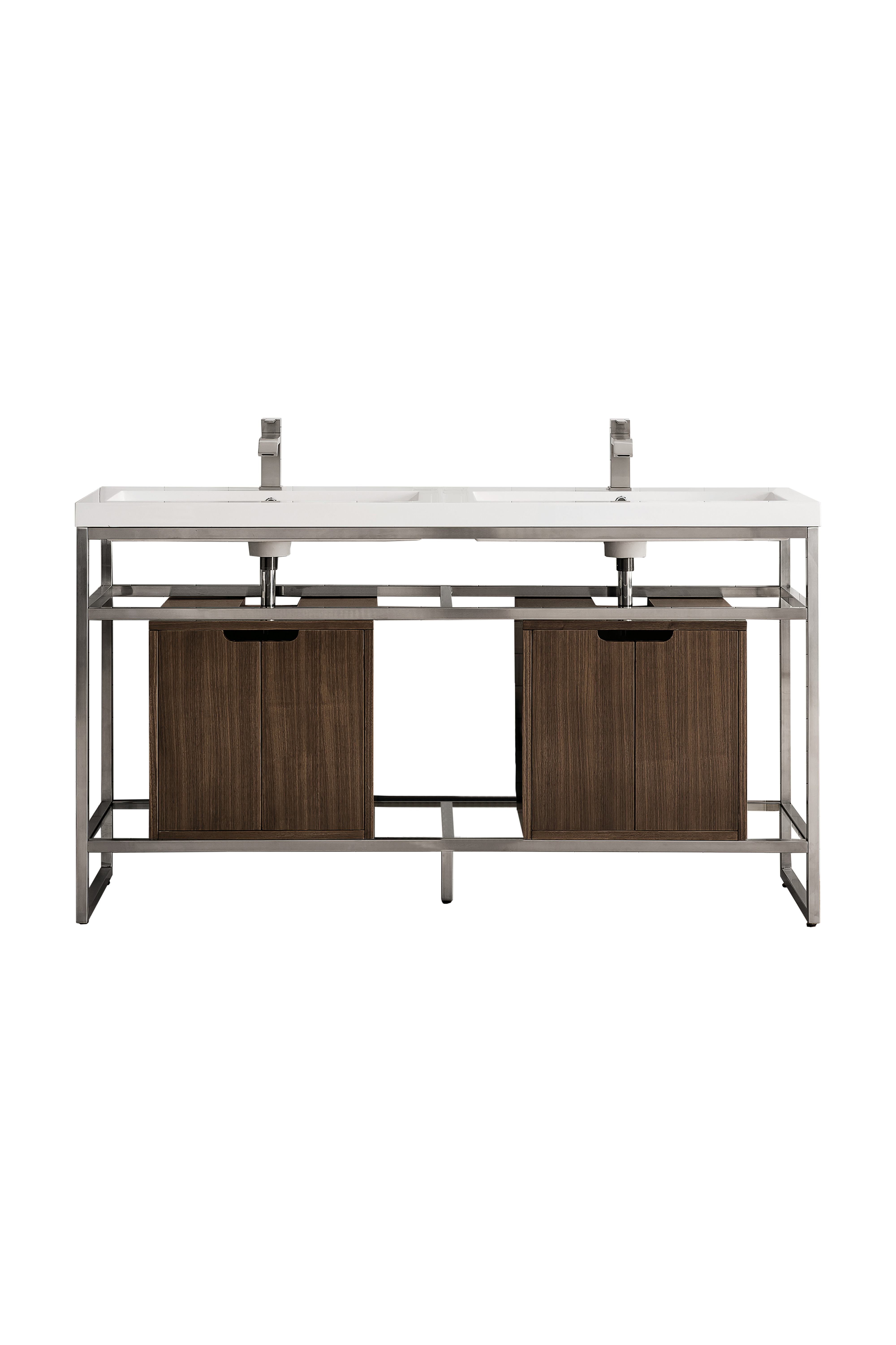 James Martin C105V63BNKSCWLTWG Boston 63" Stainless Steel Sink Console (Double Basins), Brushed Nickel w/ Mid Century Walnut Storage Cabinet, White Glossy Composite Countertop