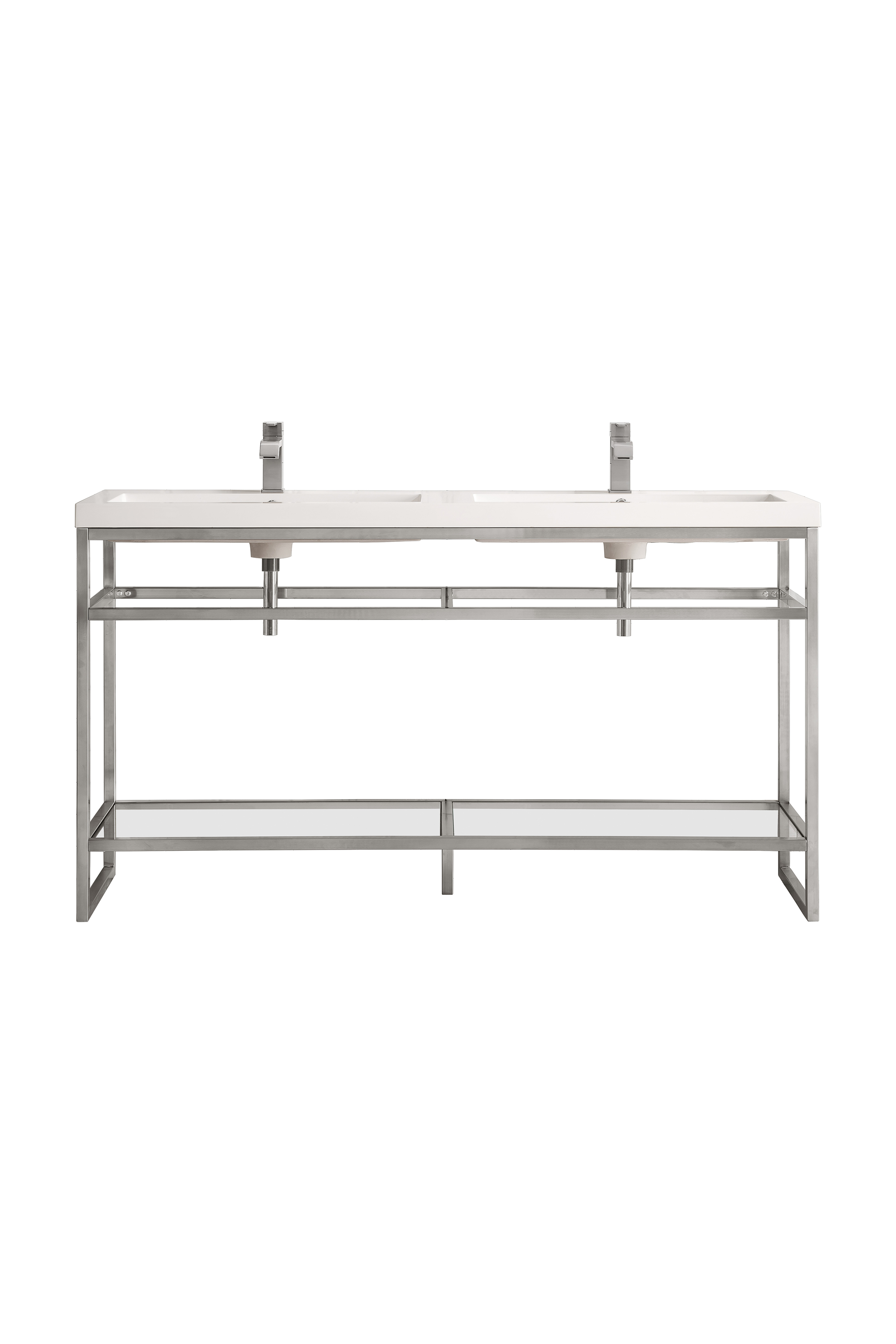 James Martin C105V63BNKWG Boston 63" Stainless Steel Sink Console (Double Basins), Brushed Nickel w/ White Glossy Composite Countertop